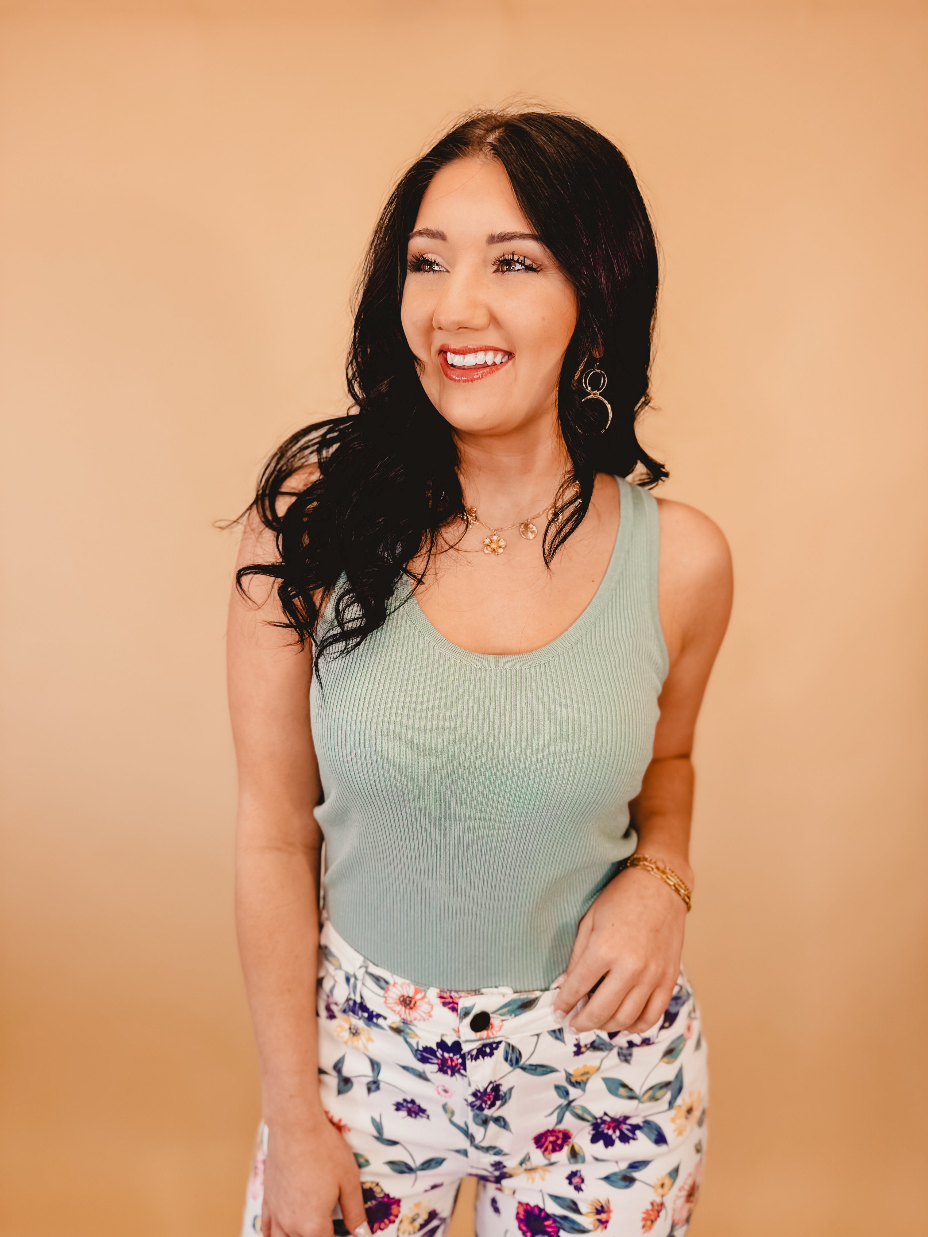 Ribbed Scoop Neck Knit Tank - Seafoam