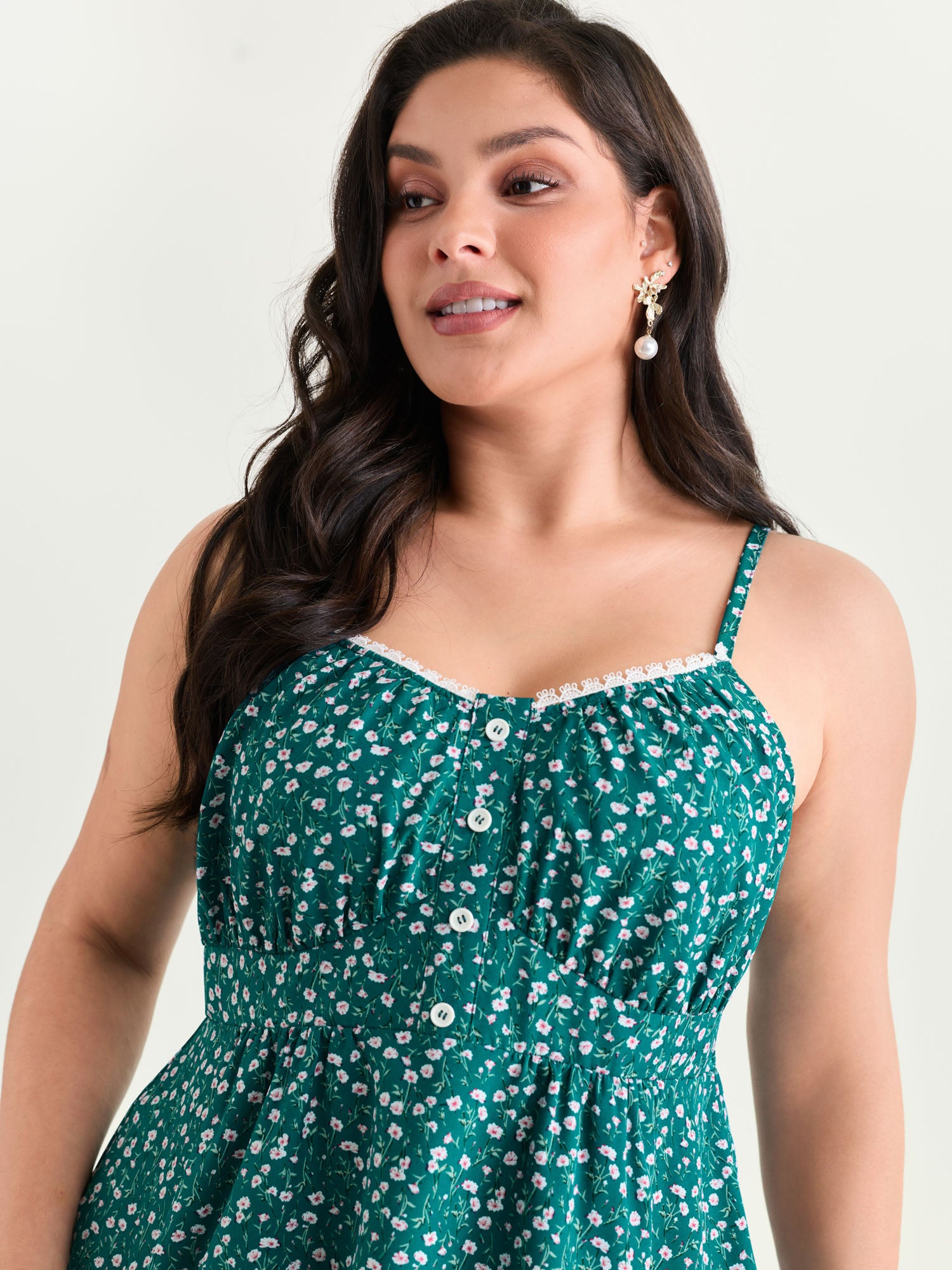 Retro Floral Print Lace Trim Tank Top