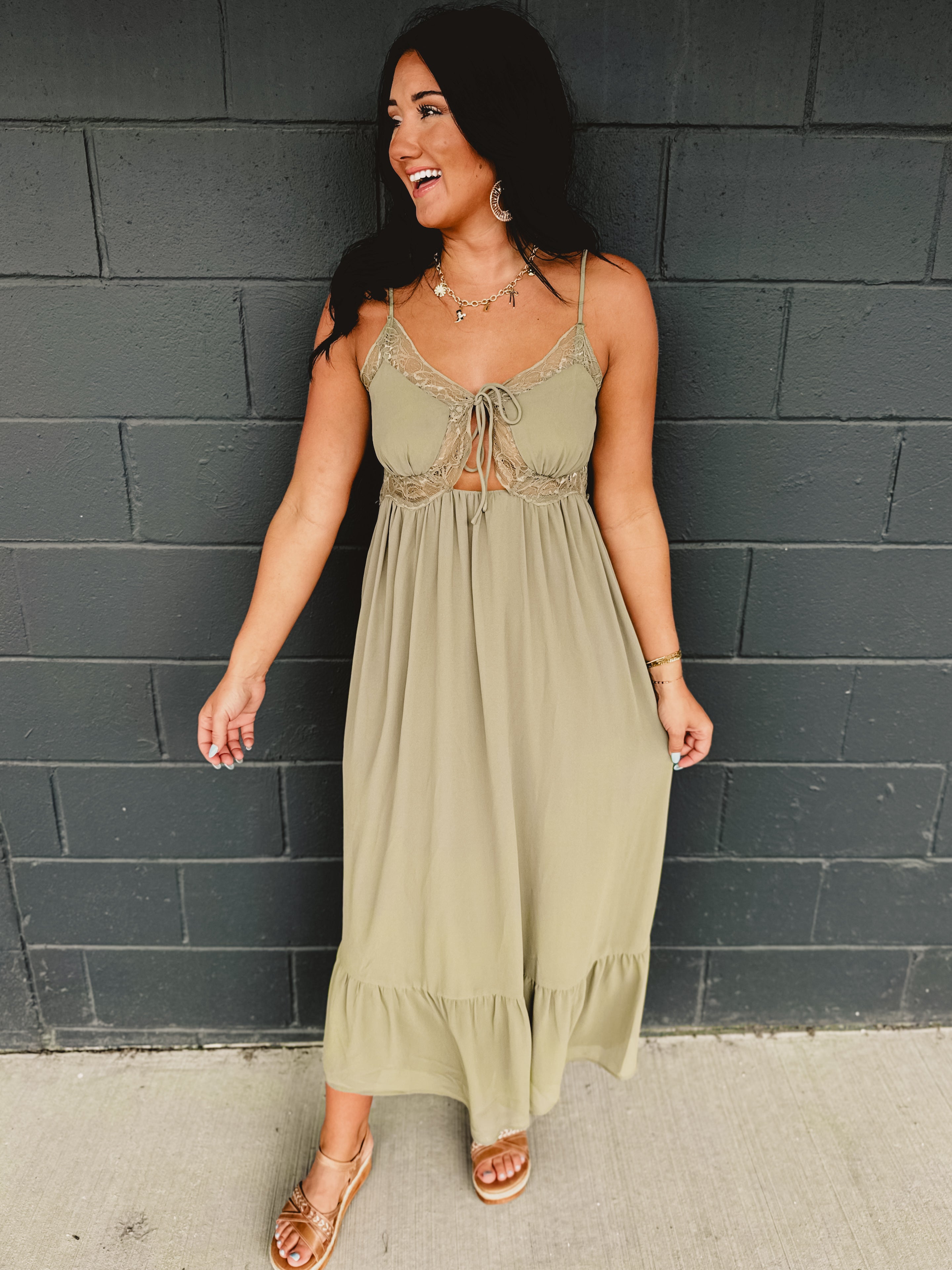 Lace Trim Detail Maxi Dress - Olive