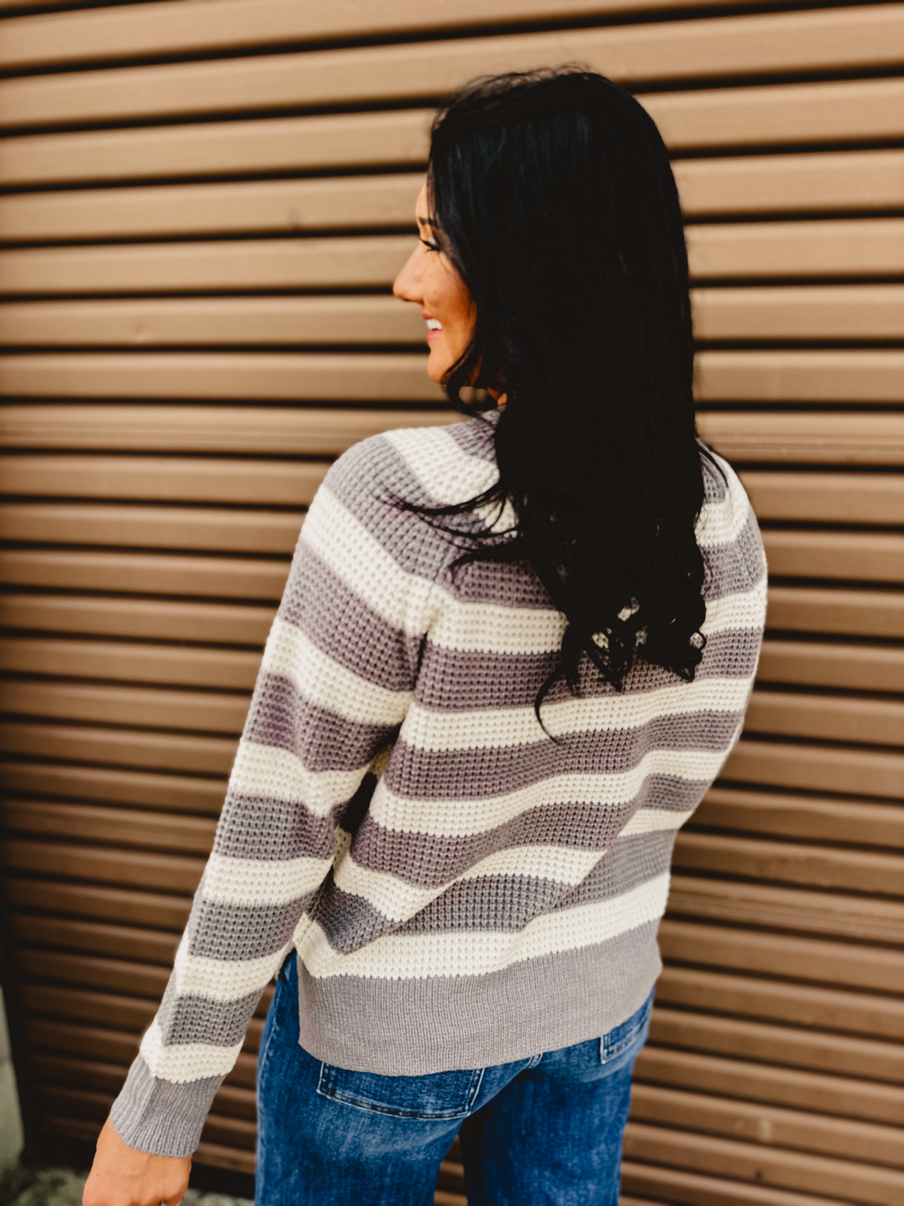 Sweater Knit Long Sleeve Top - Grey/Ivory