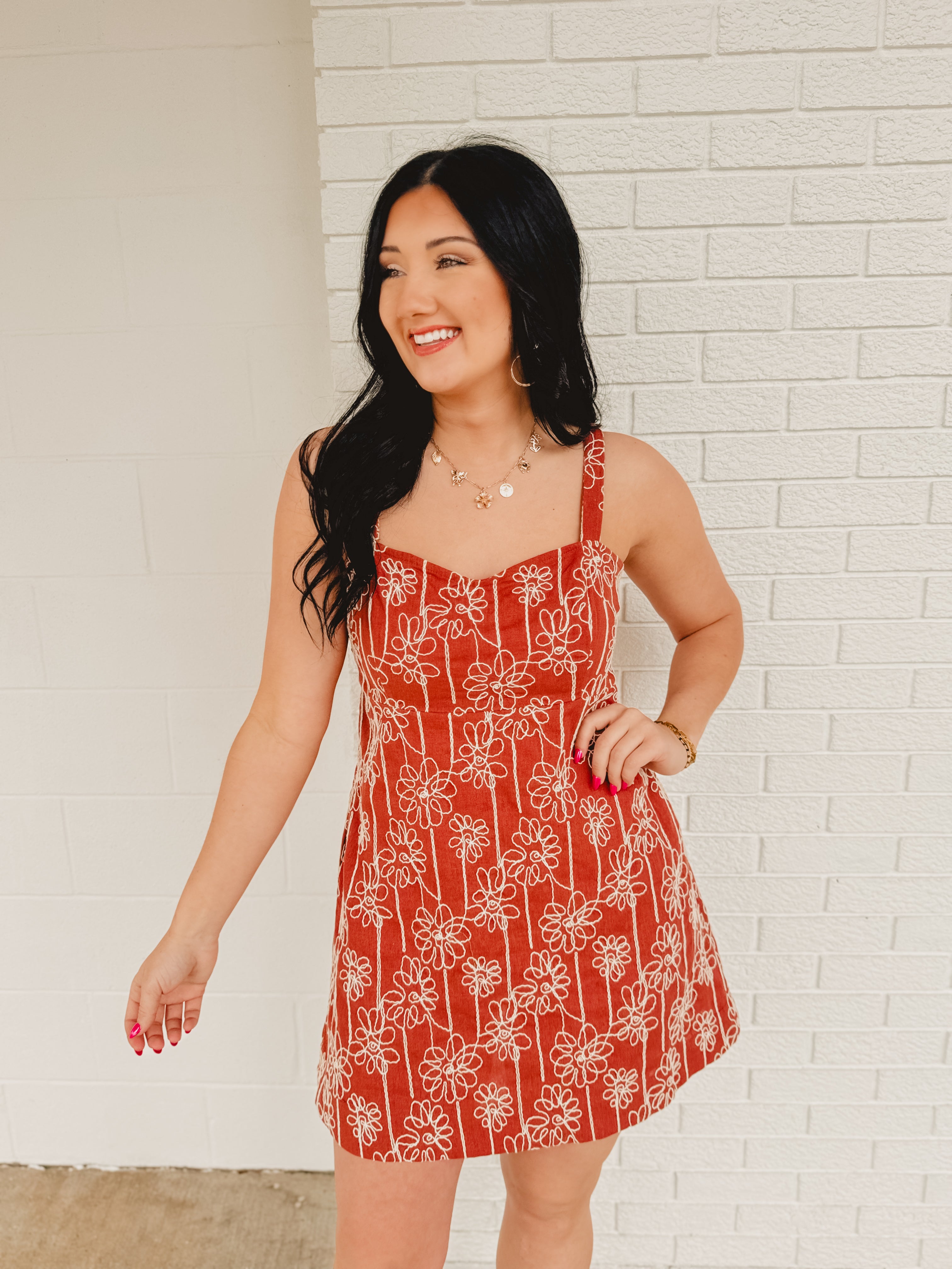 Floral Embroidered Mini Dress - Ruby