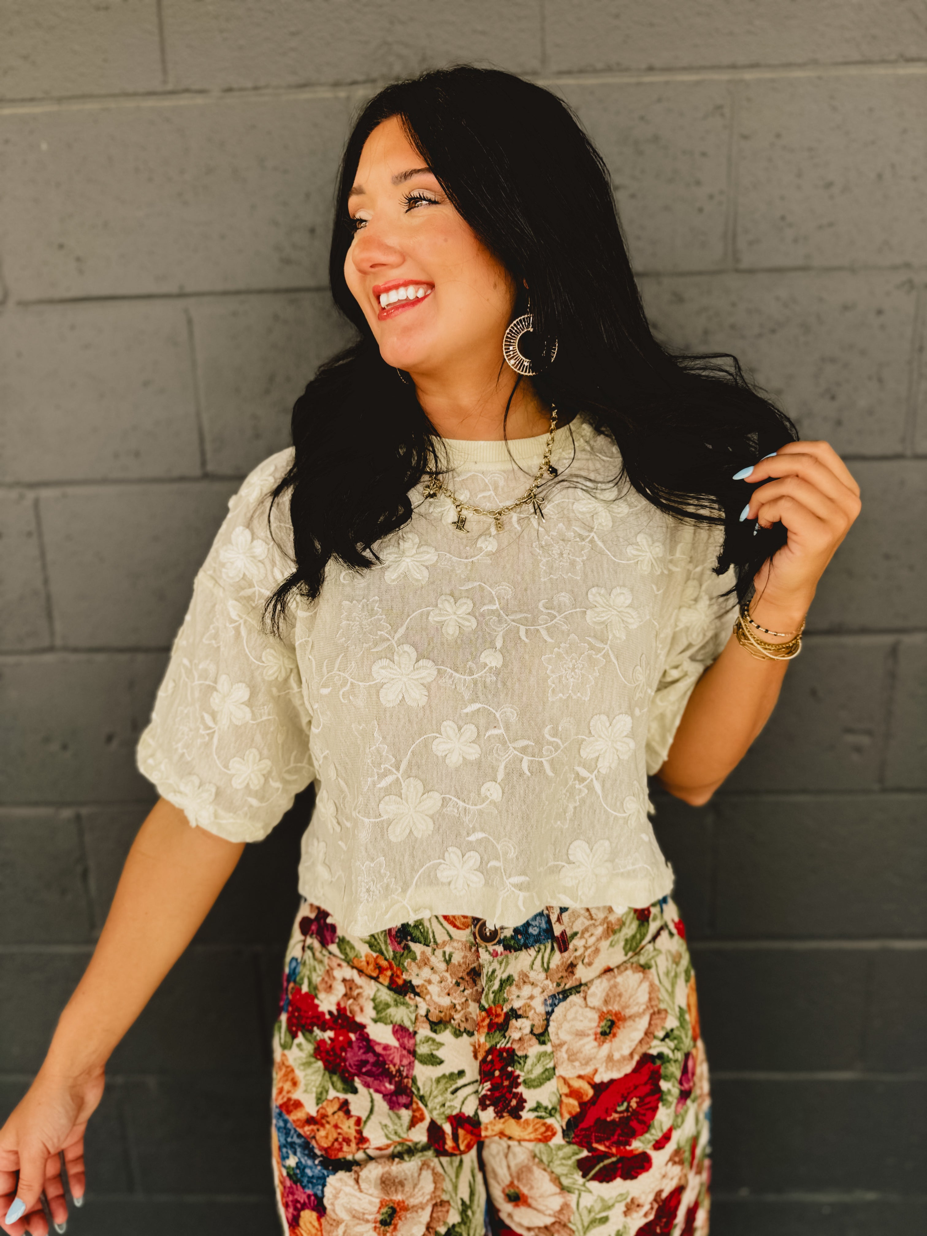 Floral Embroidered Textured Top - Cream