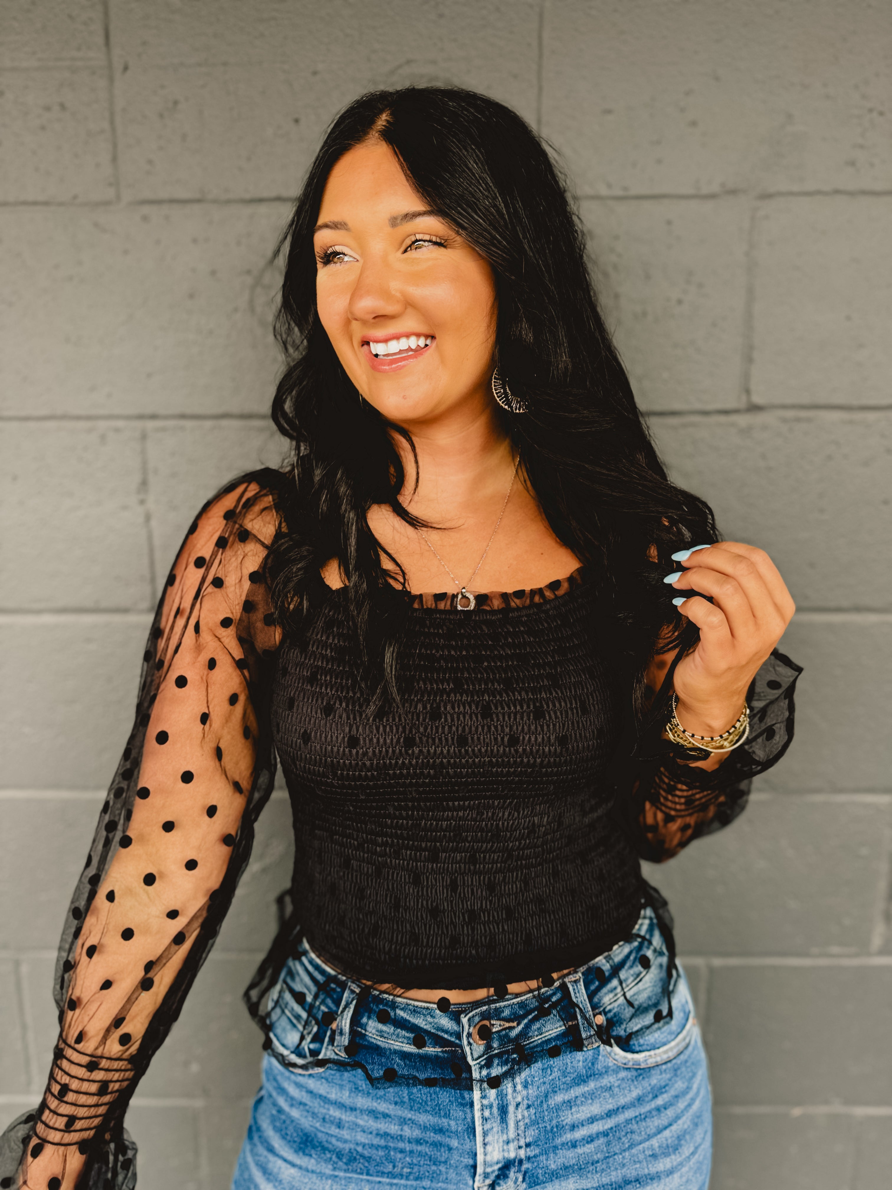 Dotted Mesh Sleeve Top - Black
