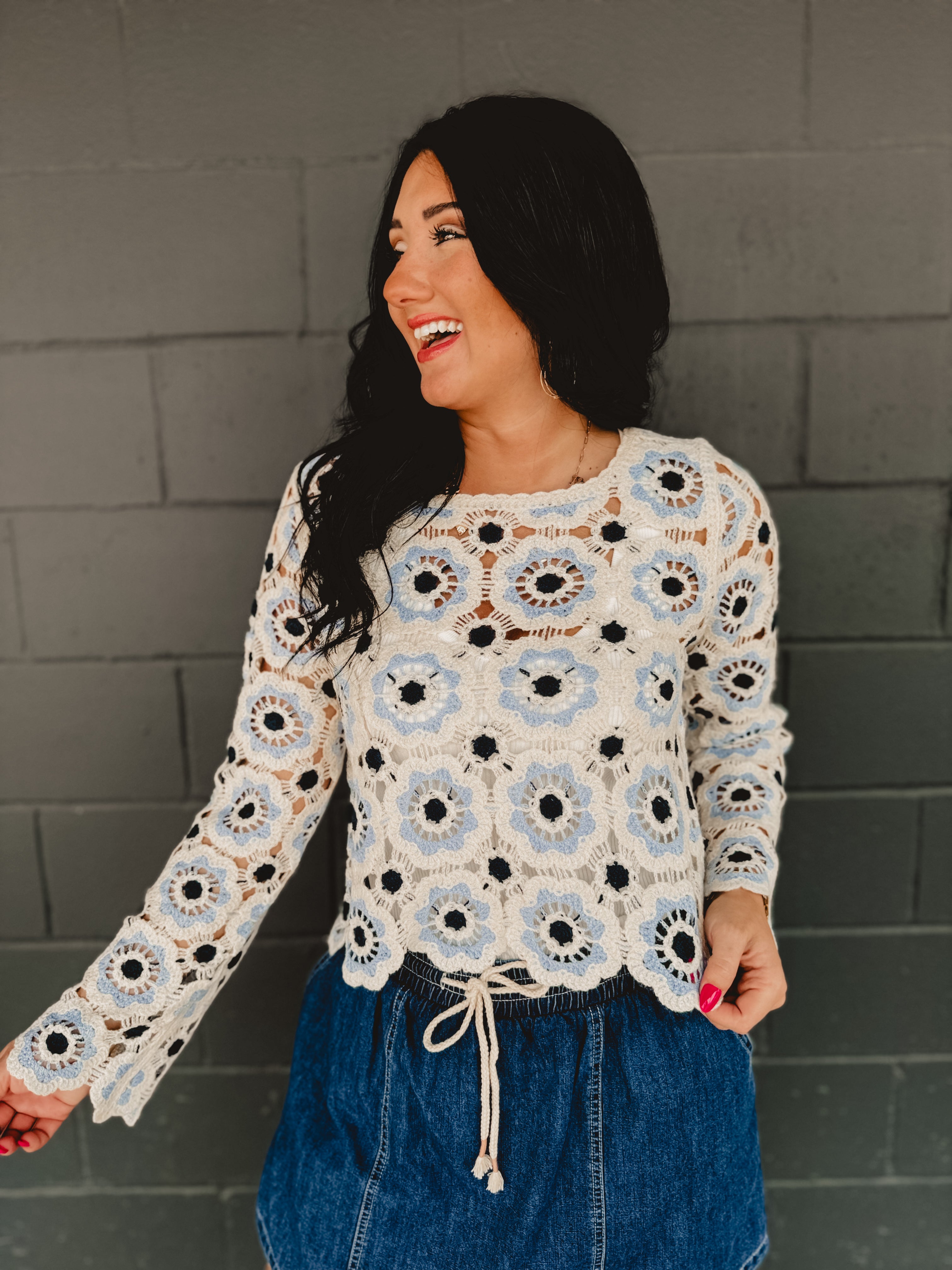 Crochet Flower Knit Long Sleeve Top - Blue Multi
