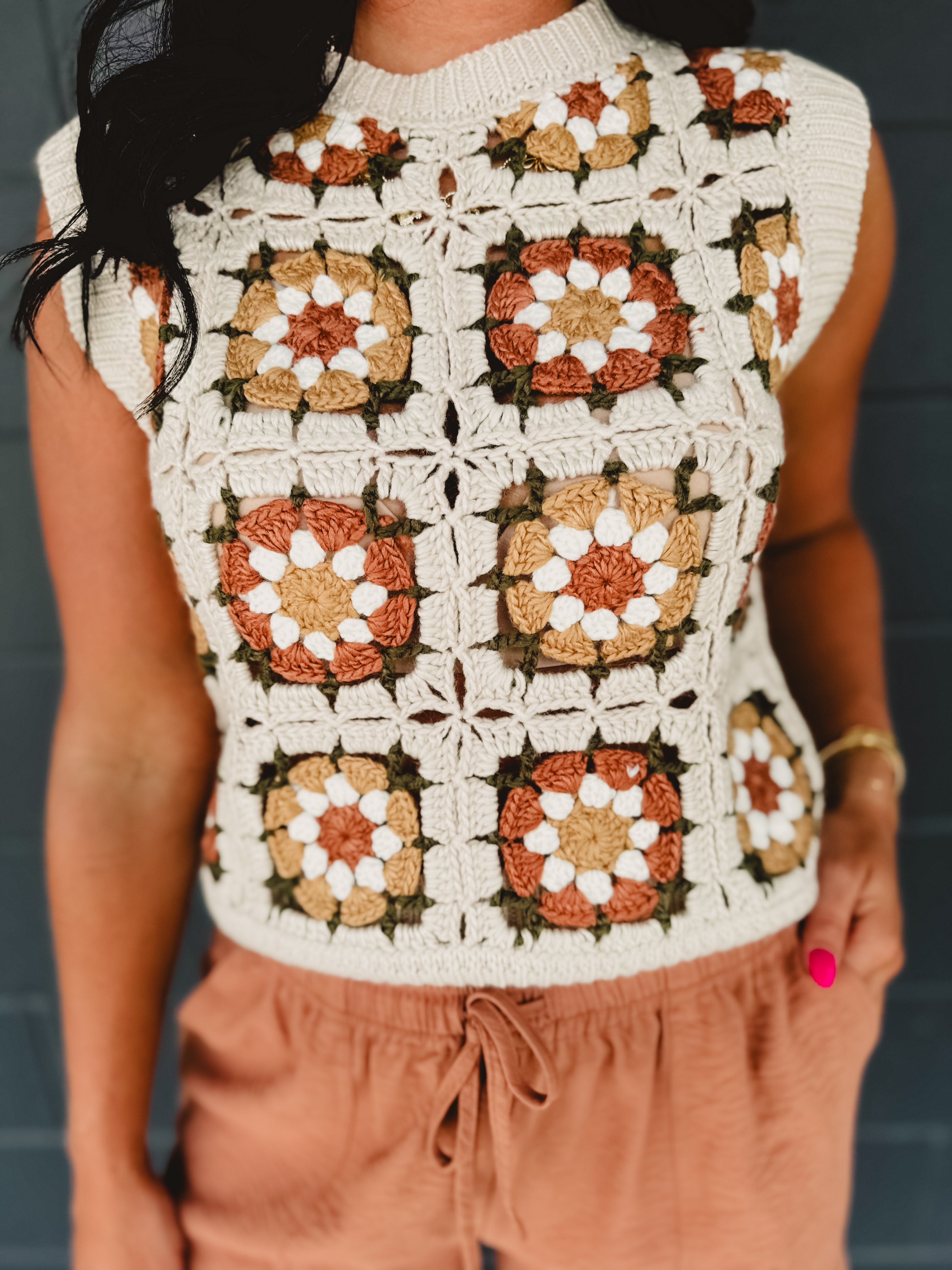 Flower Crochet Sweater Vest - Natural Multi