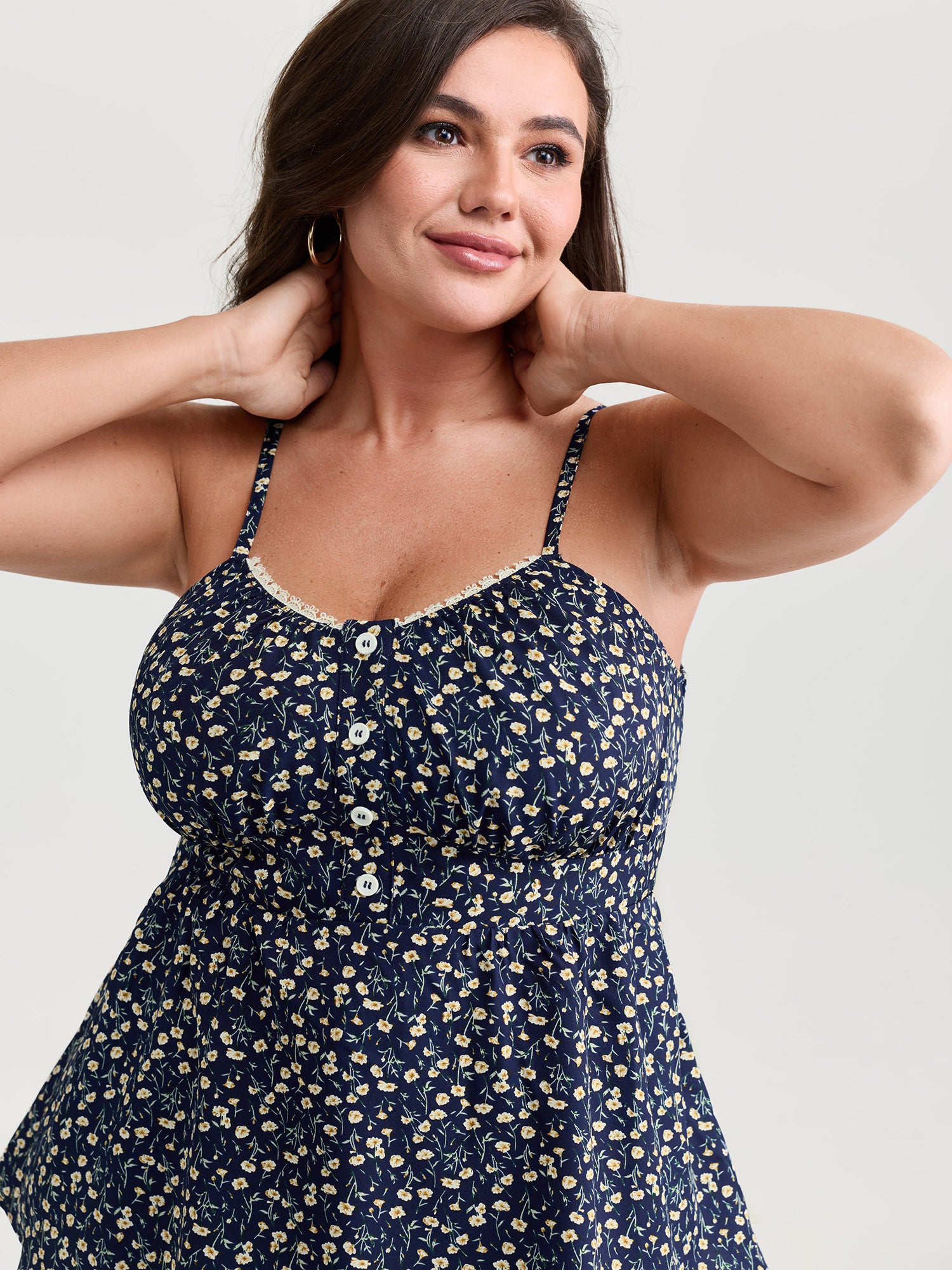Retro Floral Print Lace Trim Tank Top