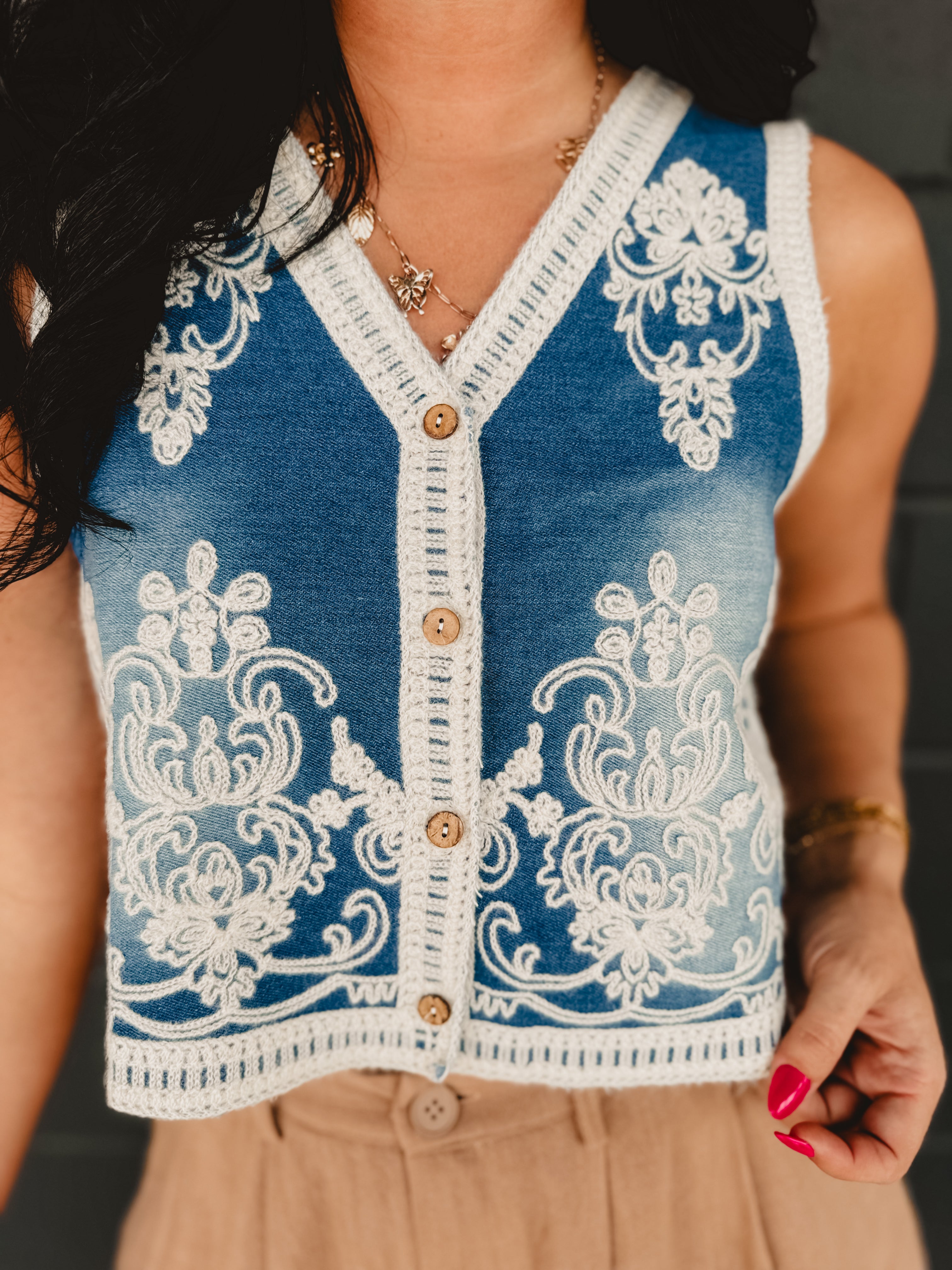 Denim Washed Embroidered Vest - Medium Wash