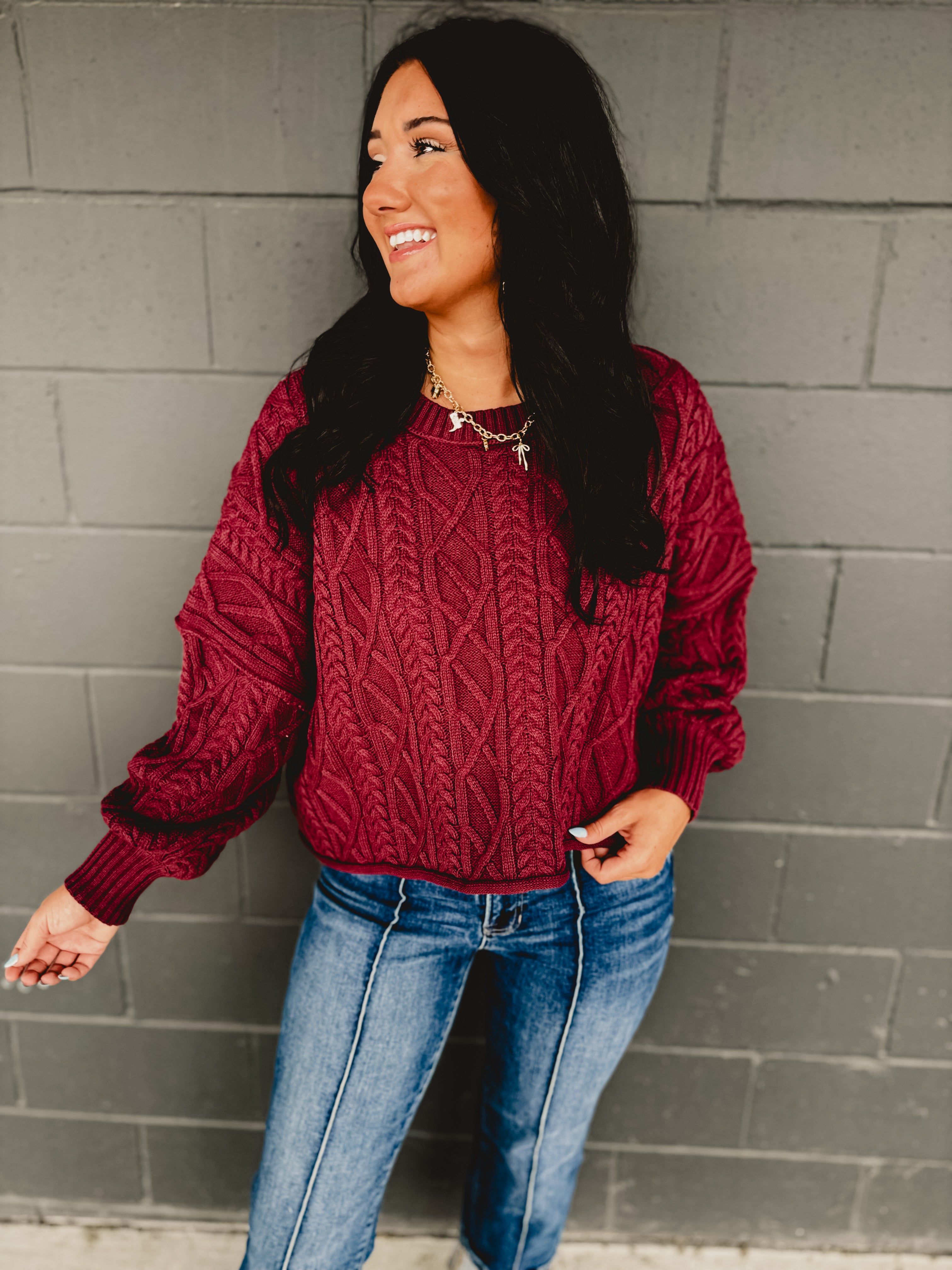 Cotton Cable Knit Pullover - Burgundy