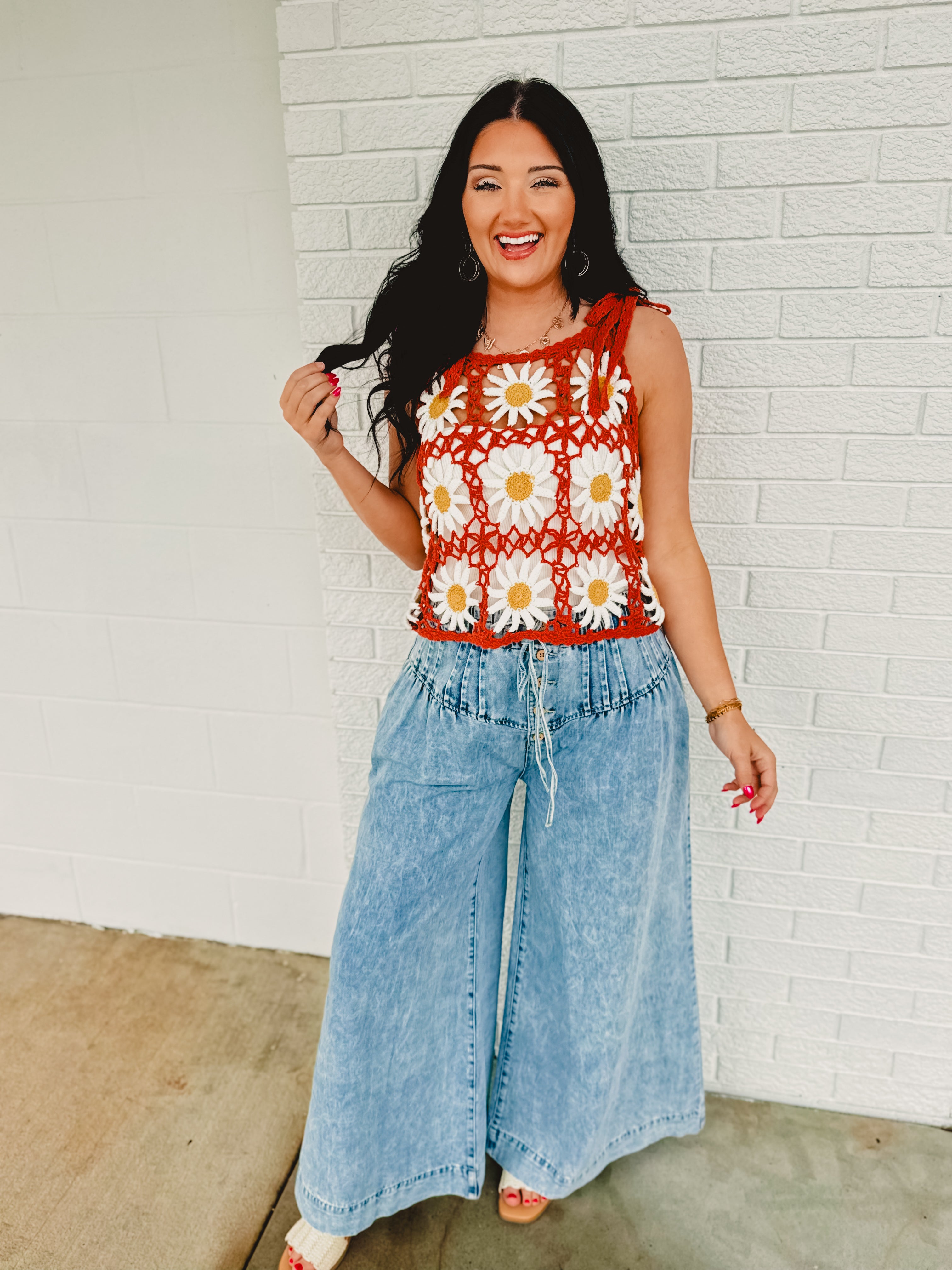 Daisy Crochet Knit Tank Top - Brick