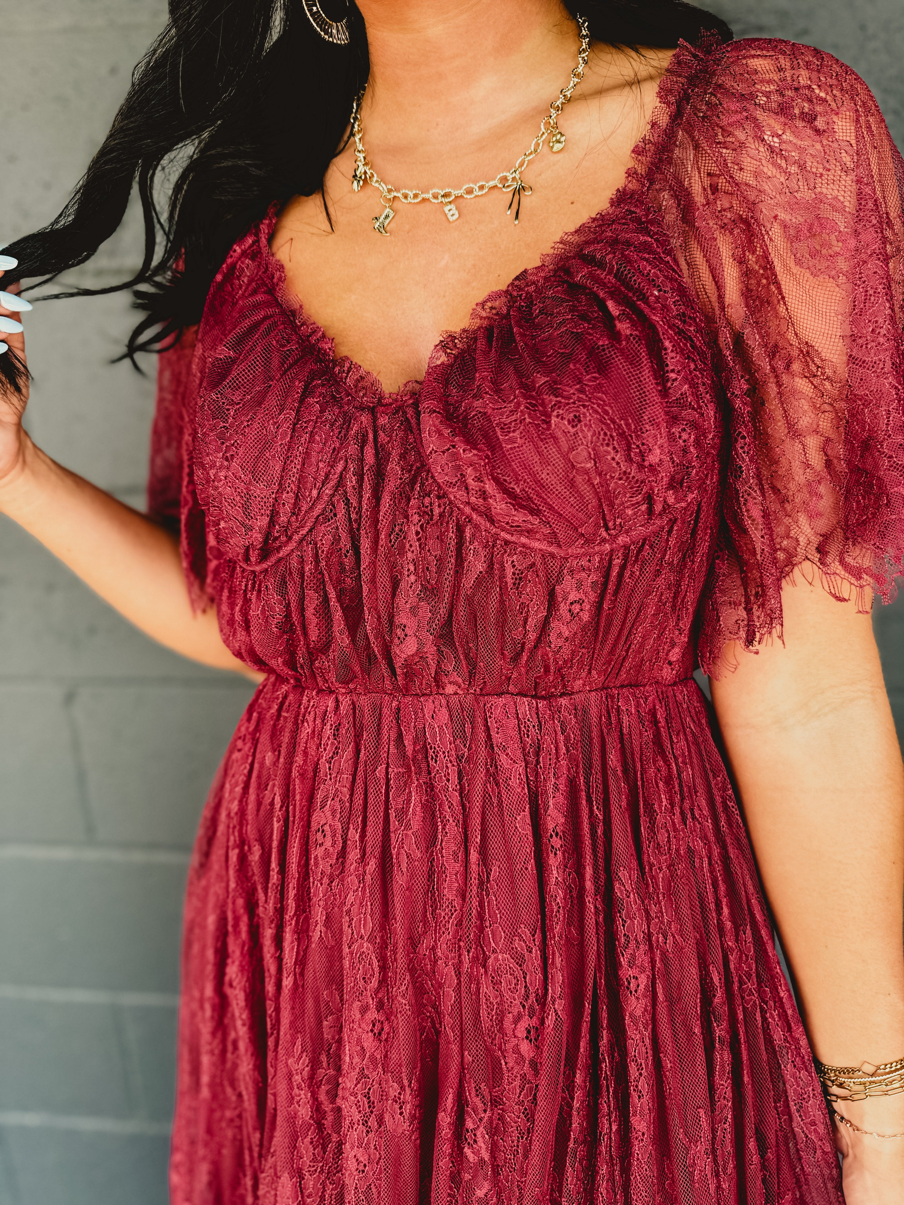 Floral Lace Overlay Maxi Dress - Wine