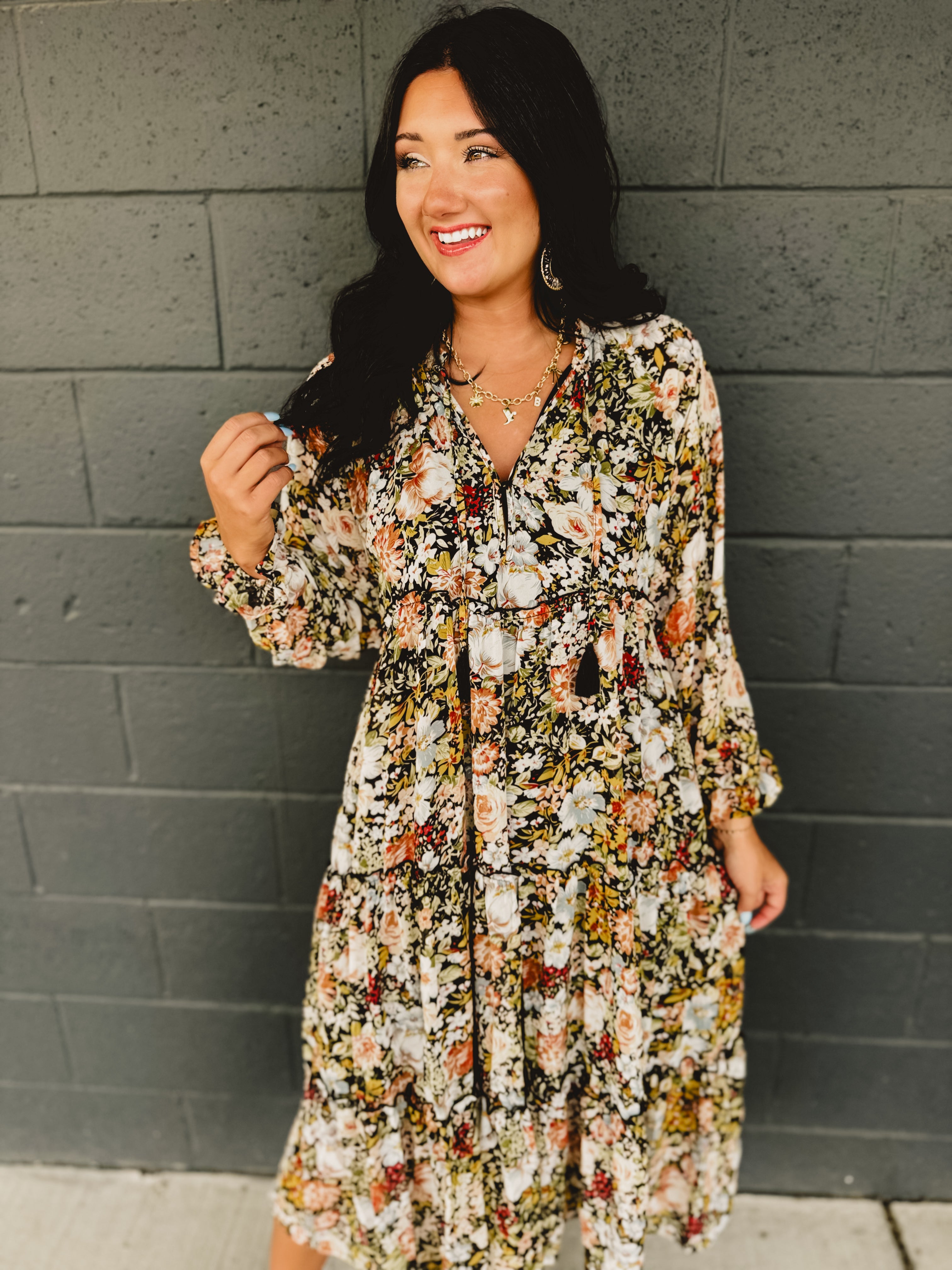 Floral Printed Chiffon Long Sleeve Midi Dress - Black