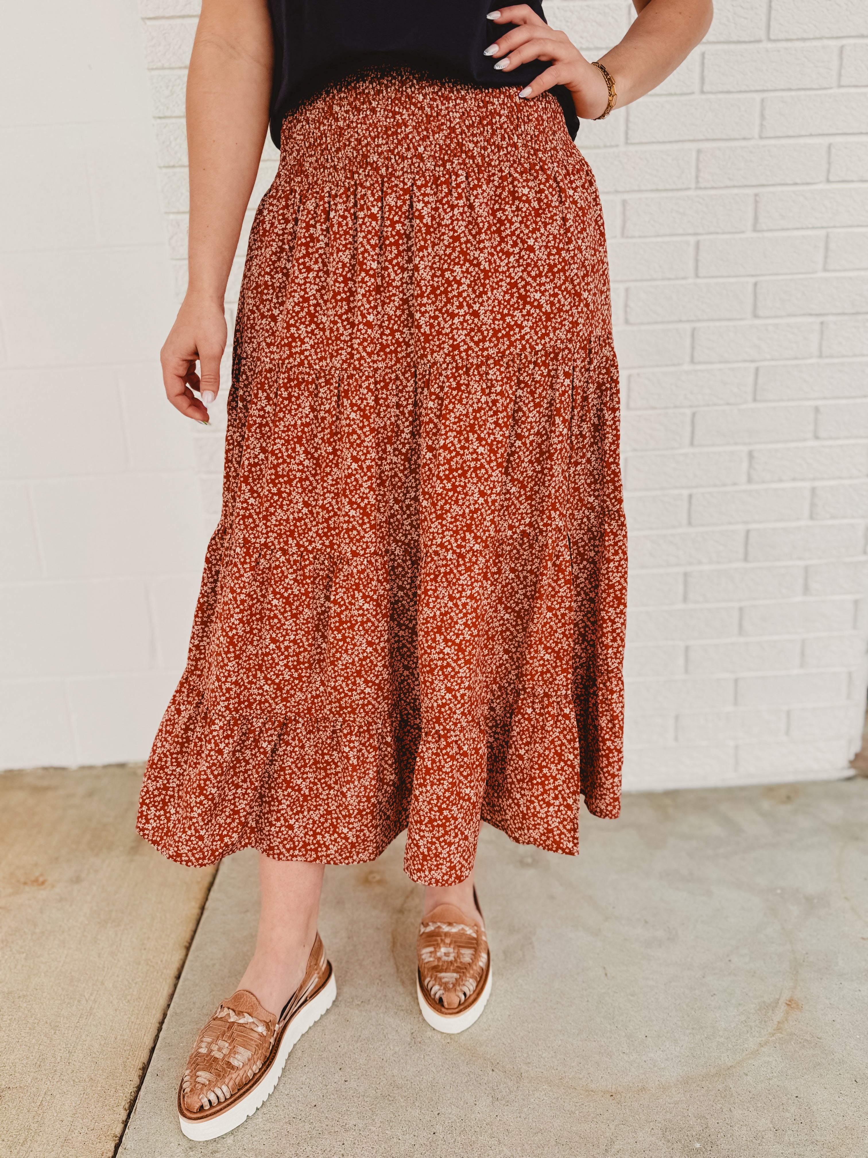 Floral Tiered Midi Skirt with Front Slit - Rust
