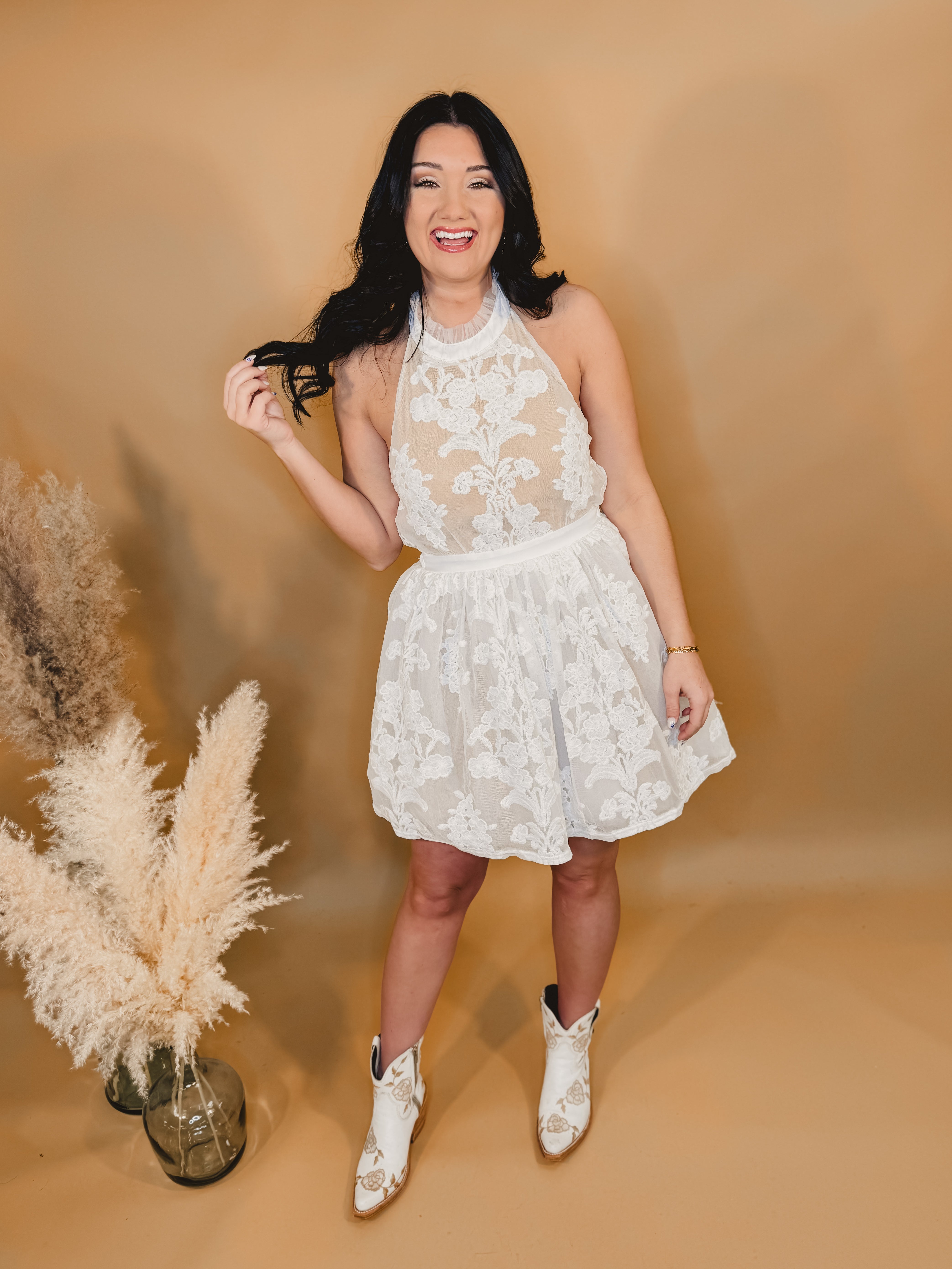 Floral Lace Sheer Mini Dress - Cream