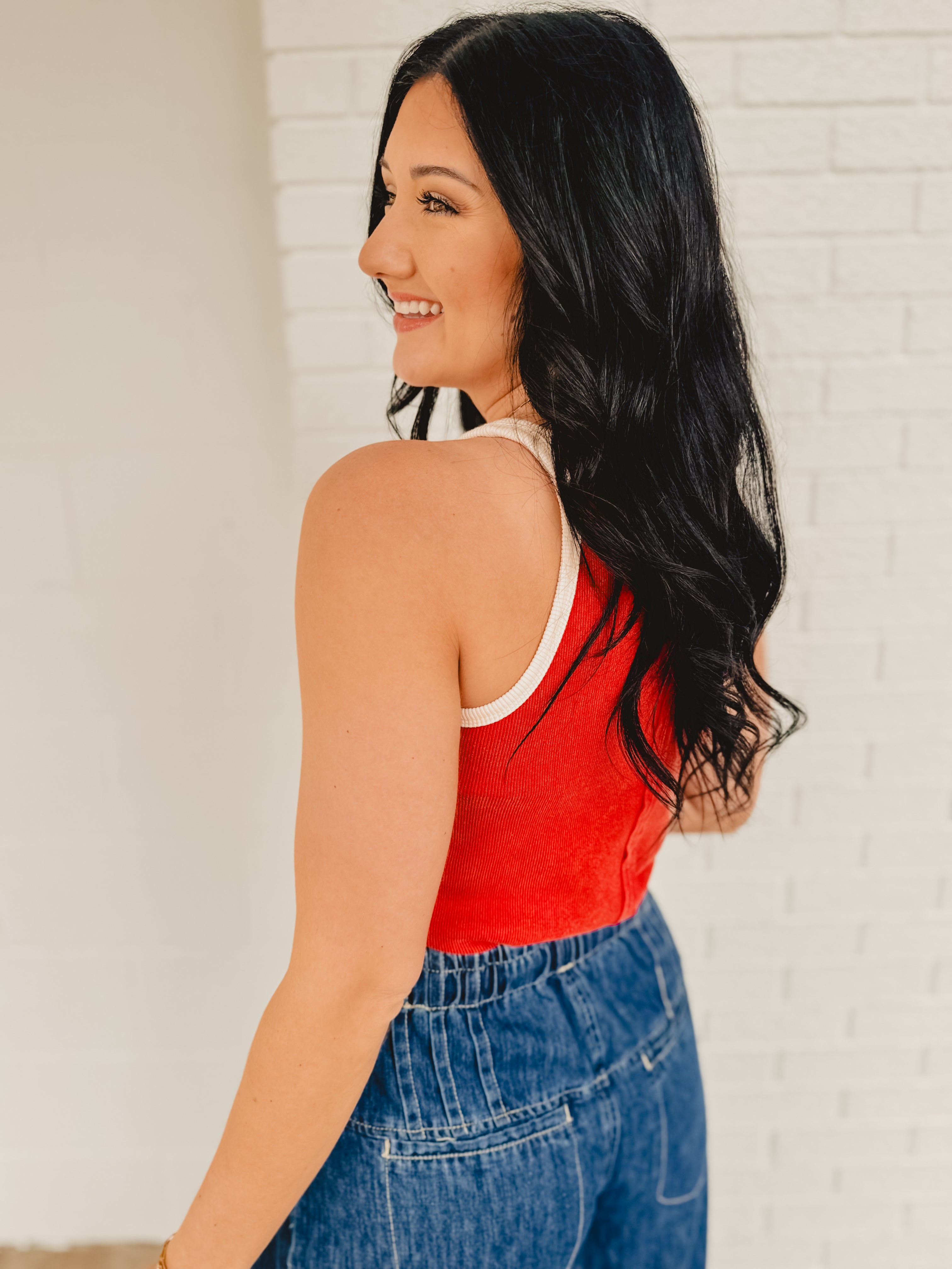 Snow Washed Ribbed Tank - Vintage Red