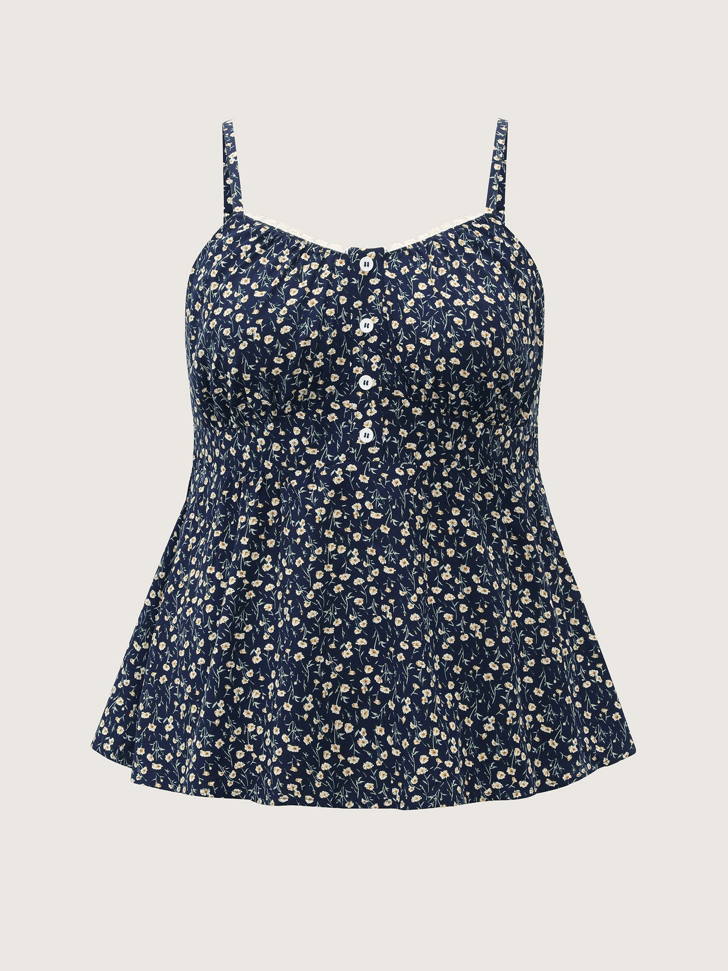 Retro Floral Print Lace Trim Tank Top
