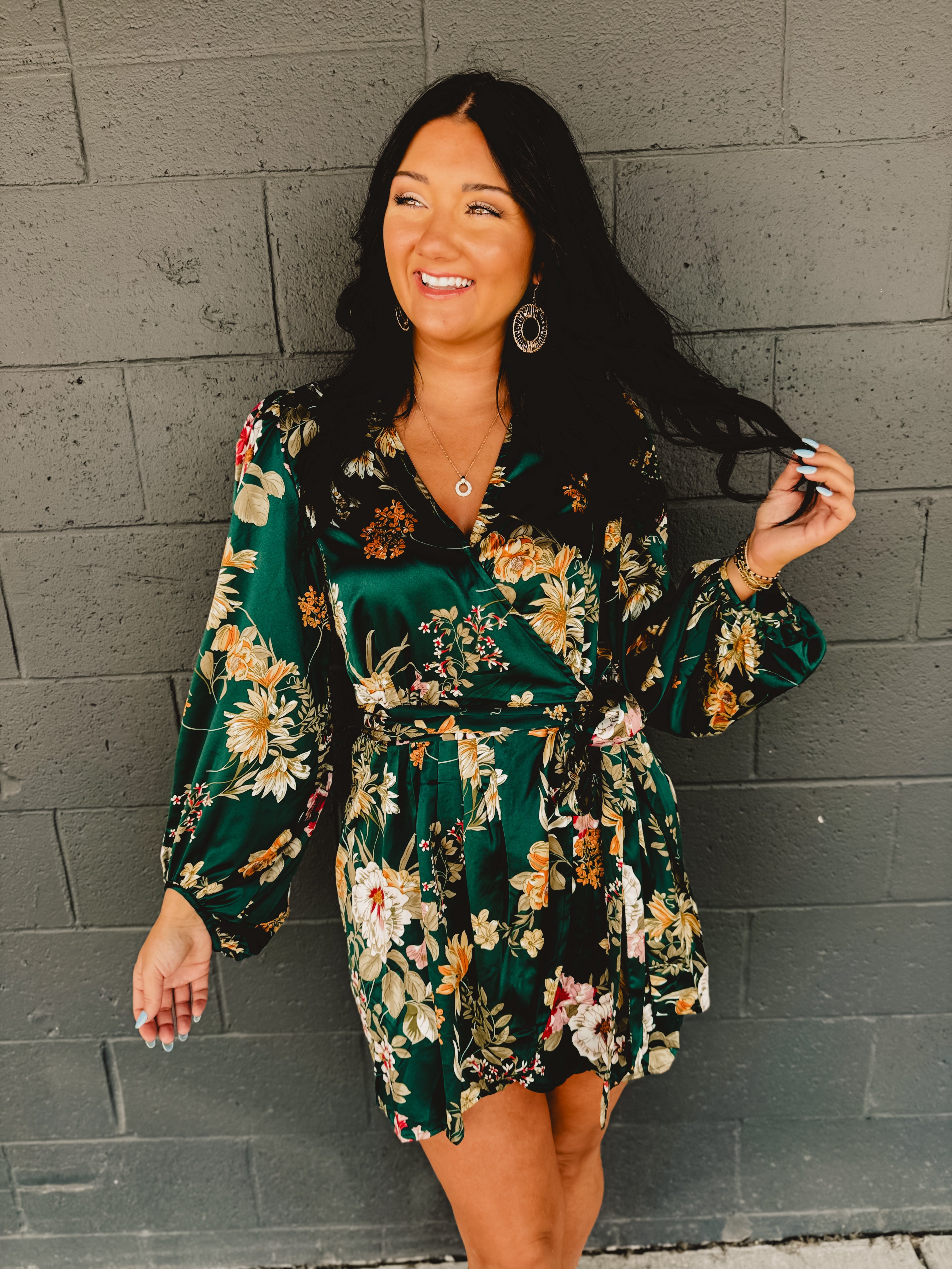 Floral Satin Wrap Dress - Emerald