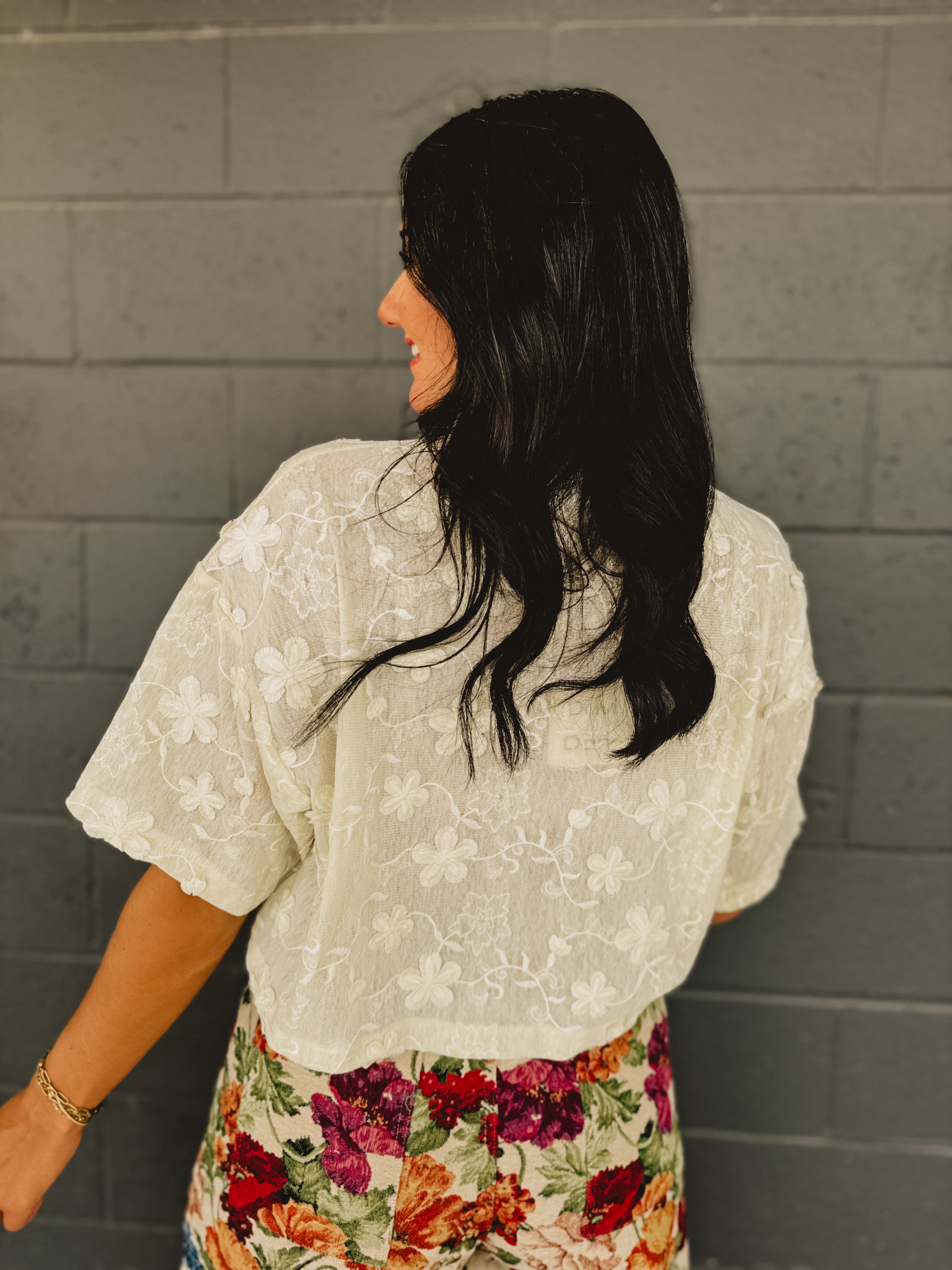 Floral Embroidered Textured Top - Cream