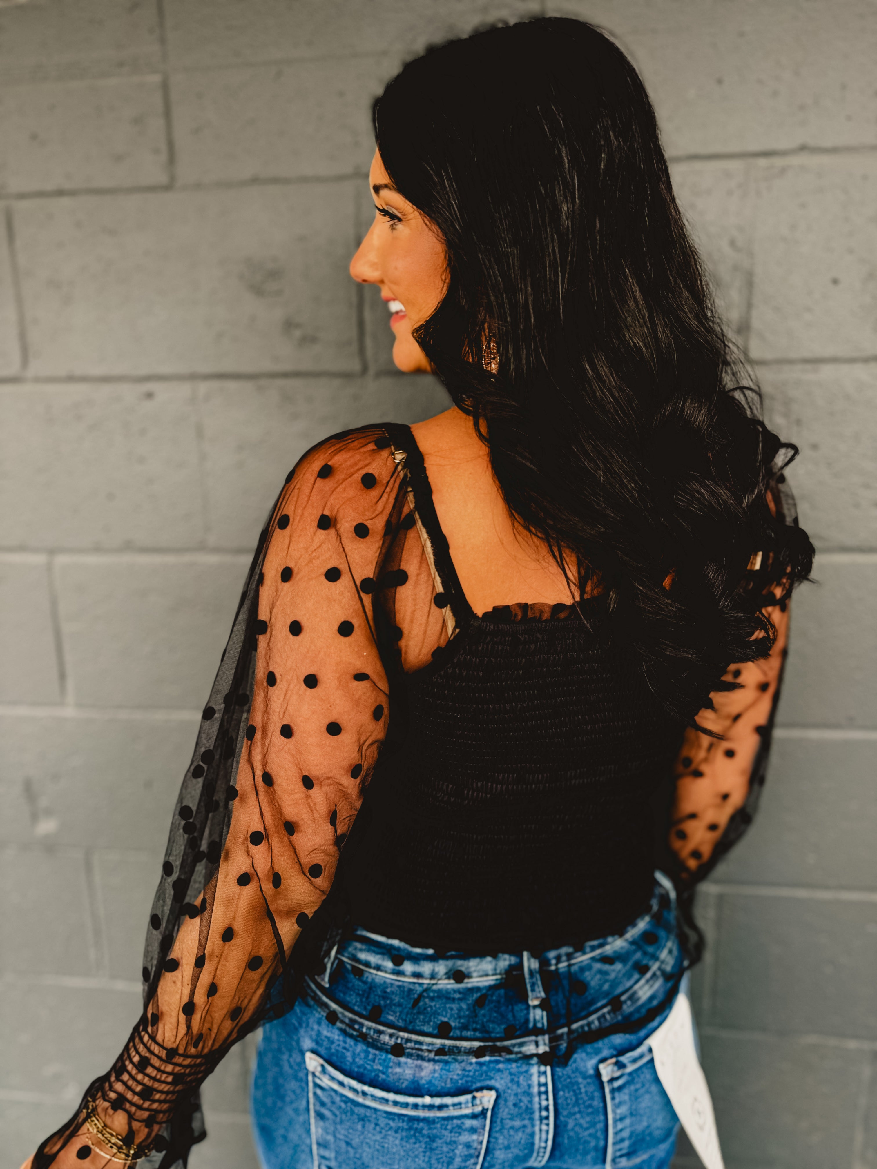 Dotted Mesh Sleeve Top - Black