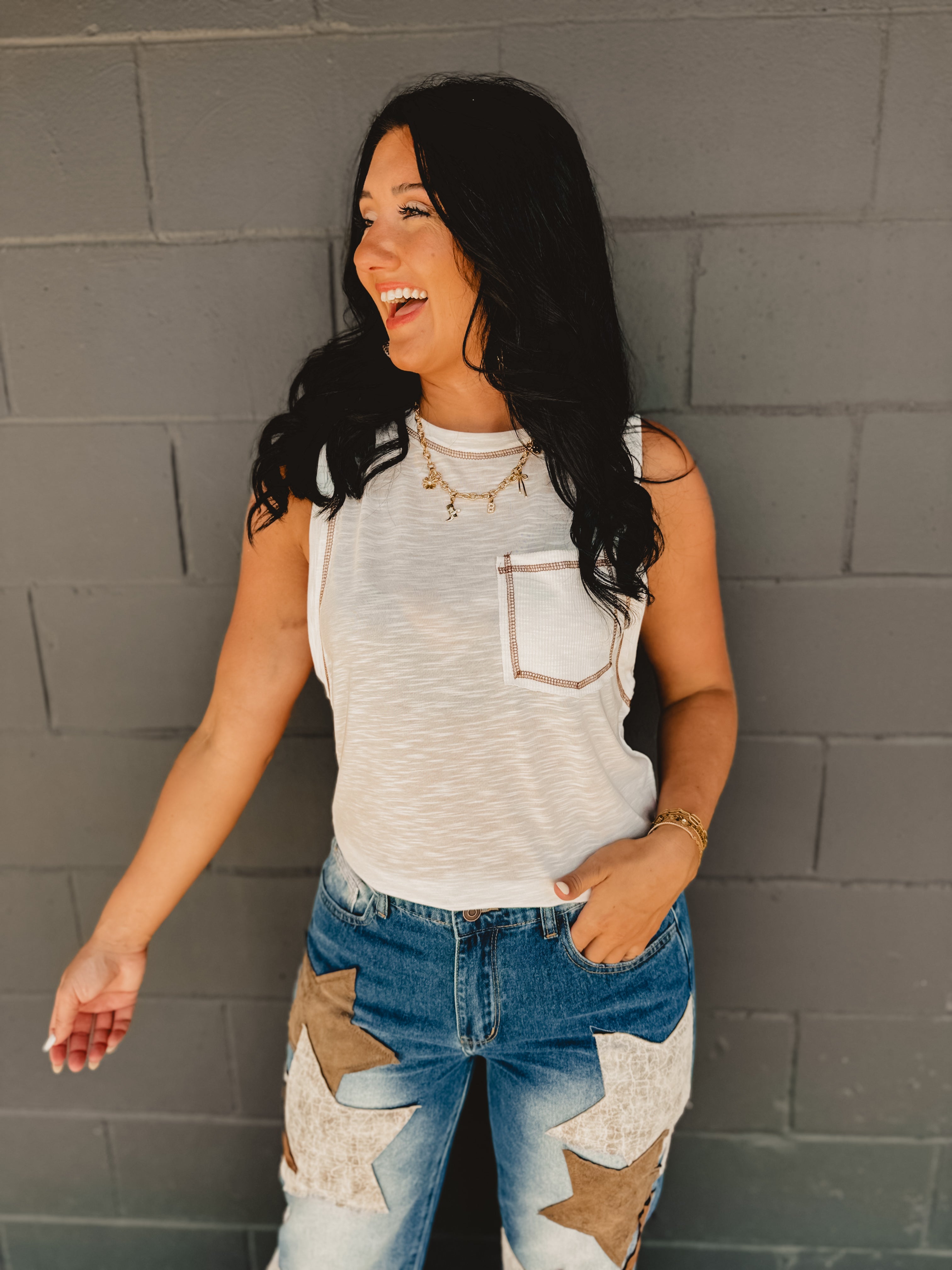 Stitch Detail Front Pocket Tank Top - Off White