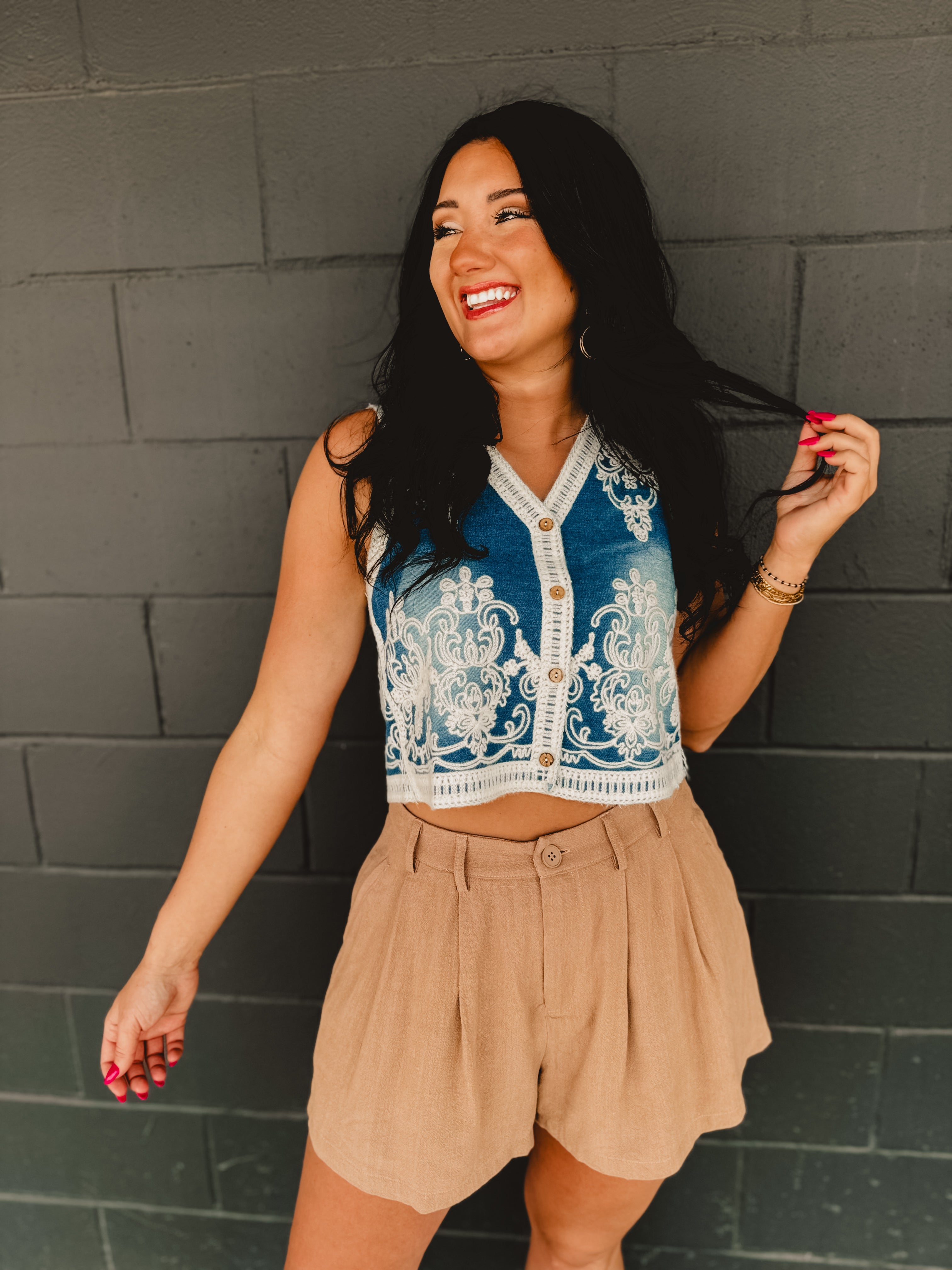 Denim Washed Embroidered Vest - Medium Wash