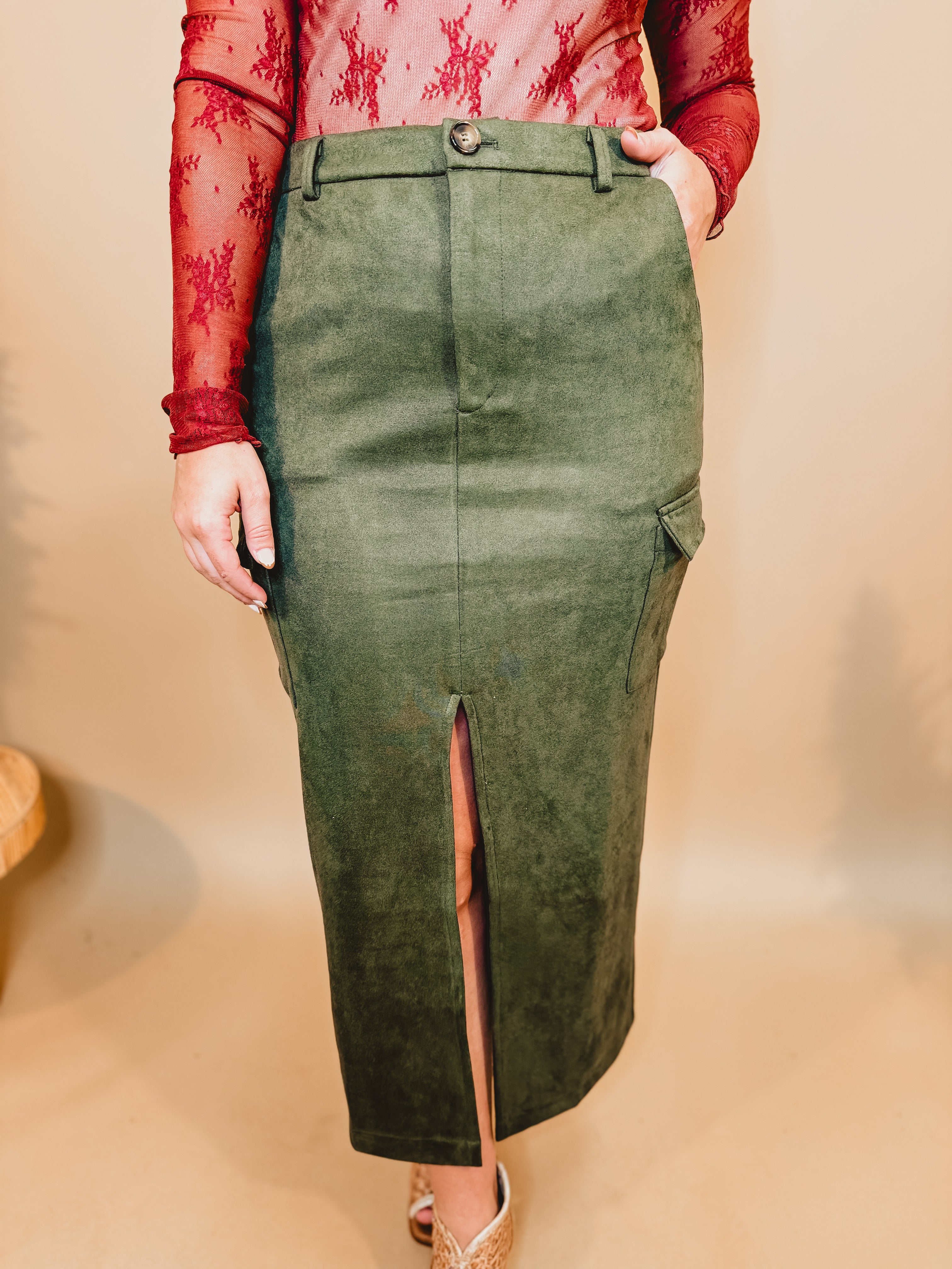 Suede Cargo Midi Skirt With Slit - Olive