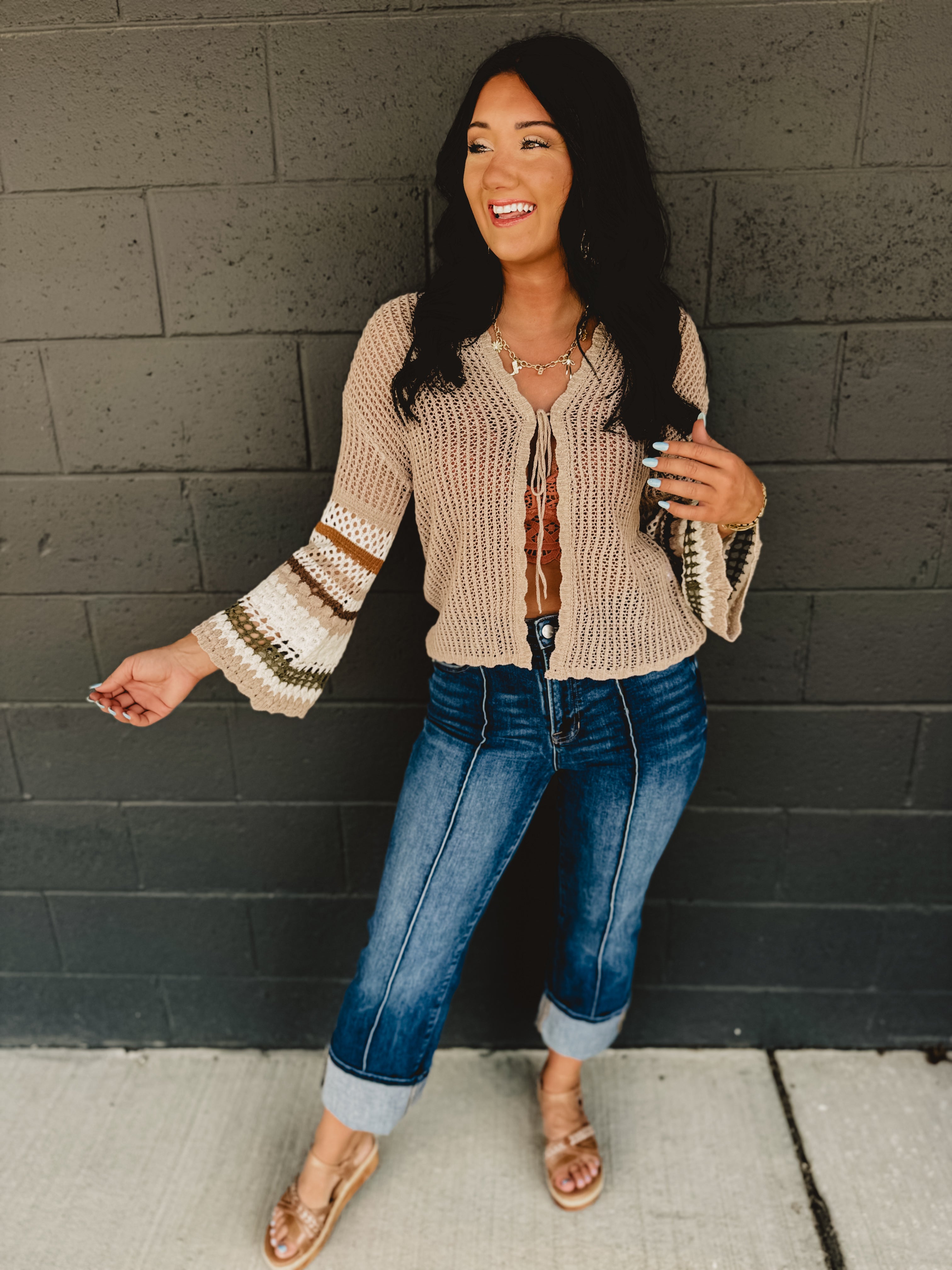 Striped Sleeve Detail Crochet Cardigan - Mocha/Olive