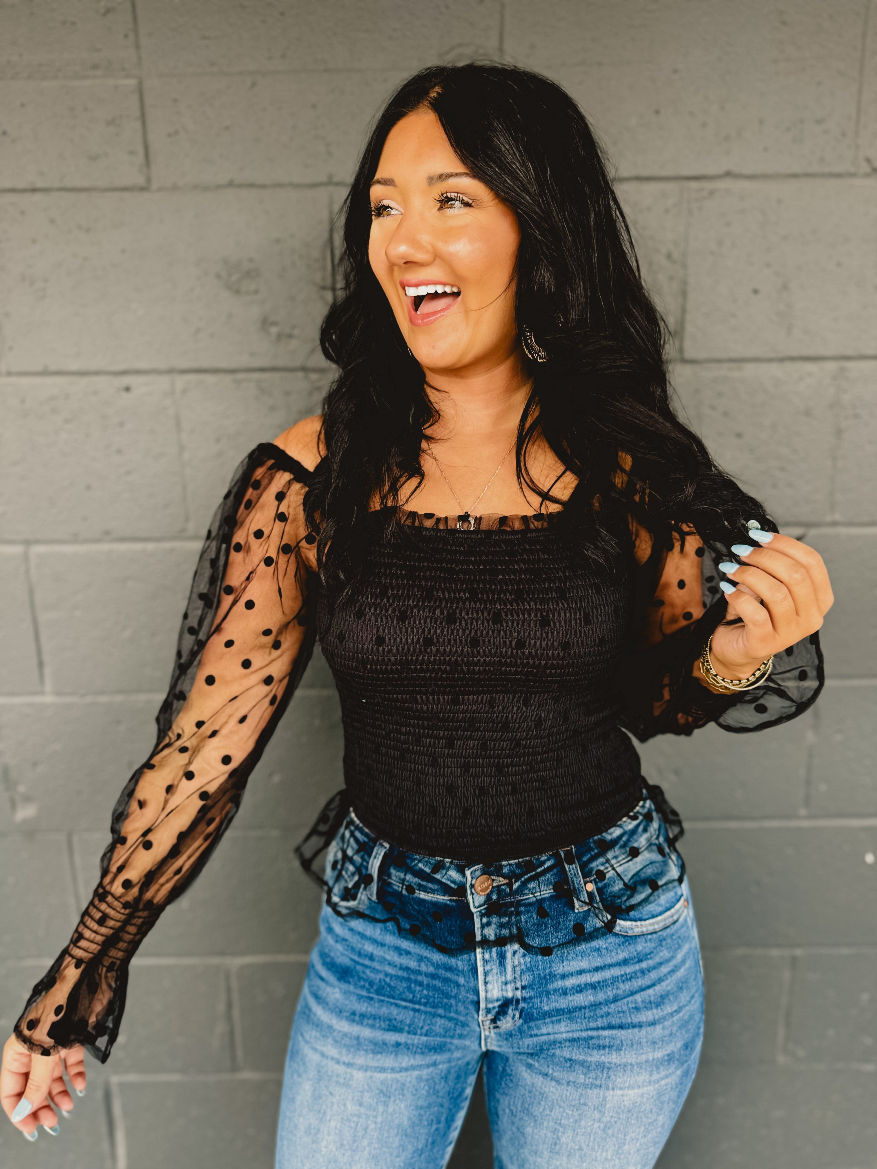 Dotted Mesh Sleeve Top - Black