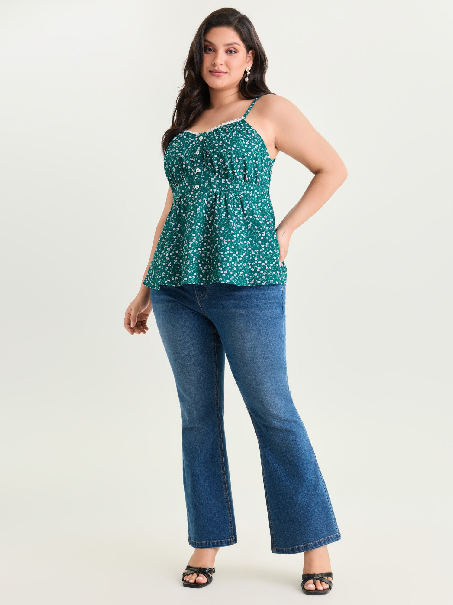 Retro Floral Print Lace Trim Tank Top