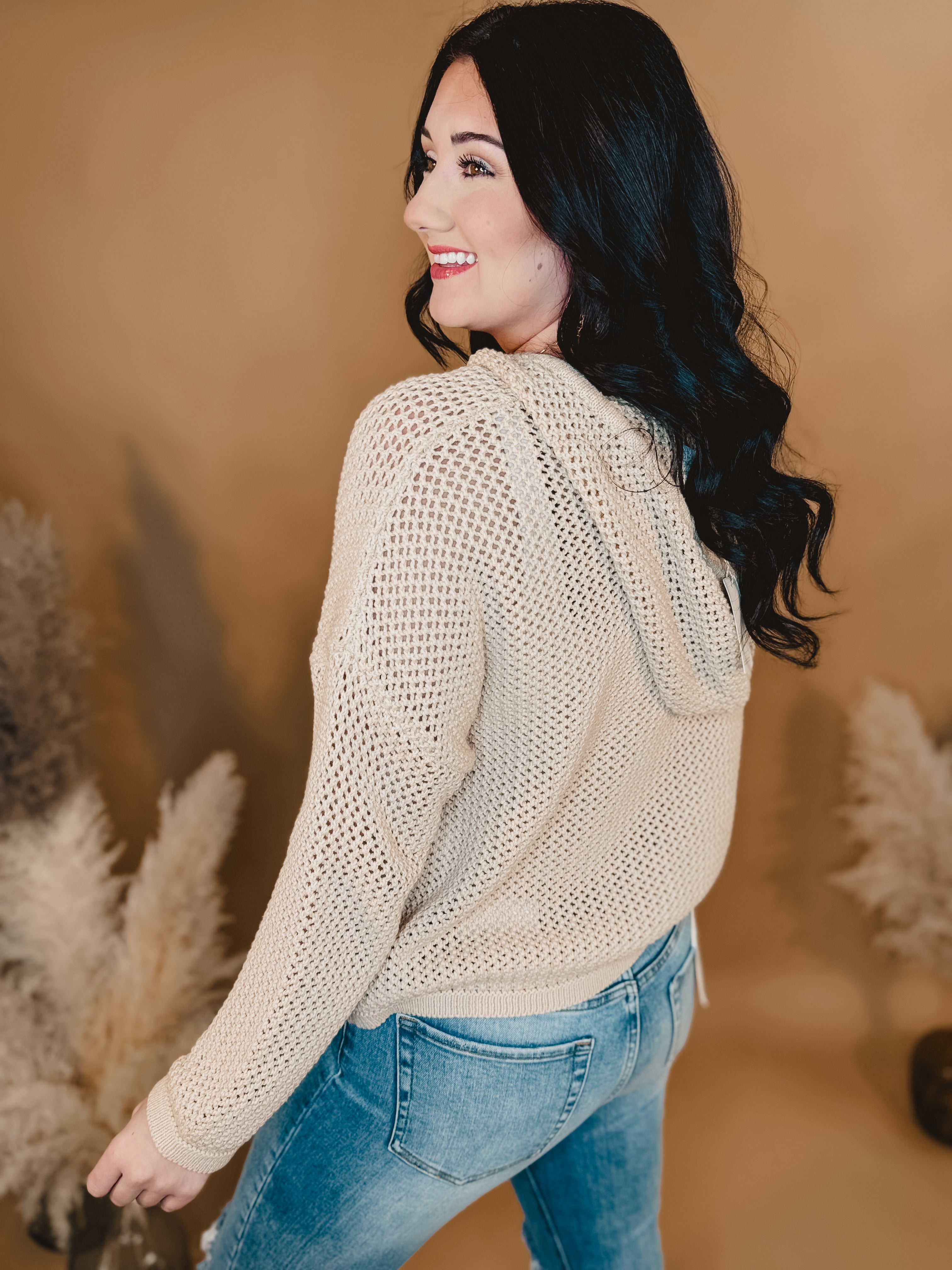 Open Knit Sweater Hoodie - Taupe