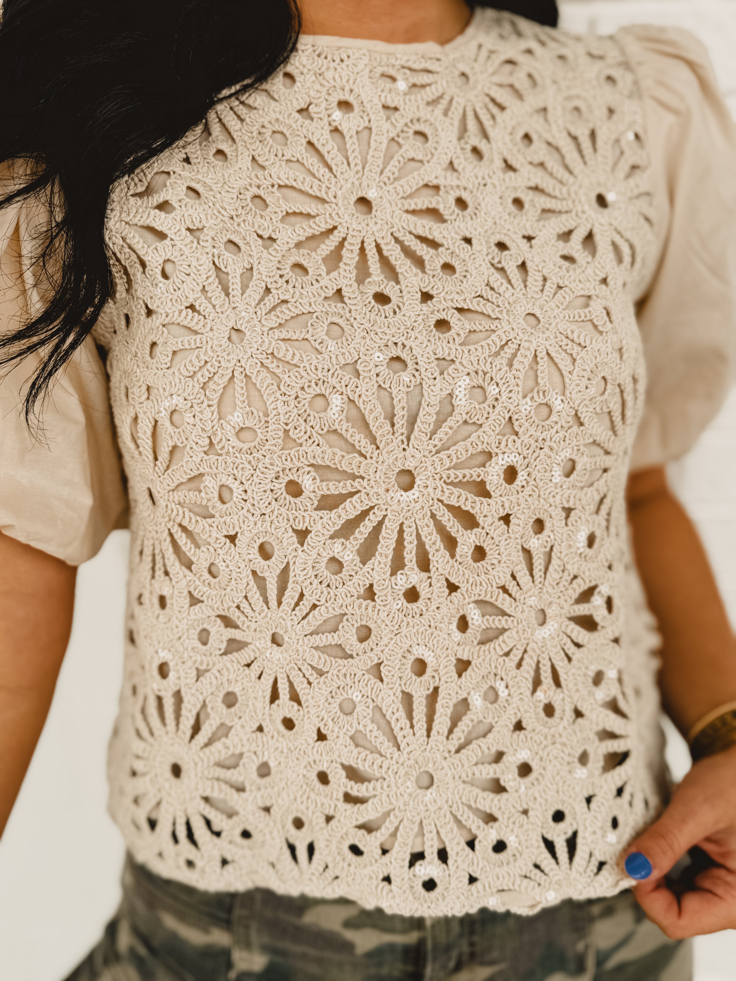 Sequin Crochet Detailed Top - Oatmeal