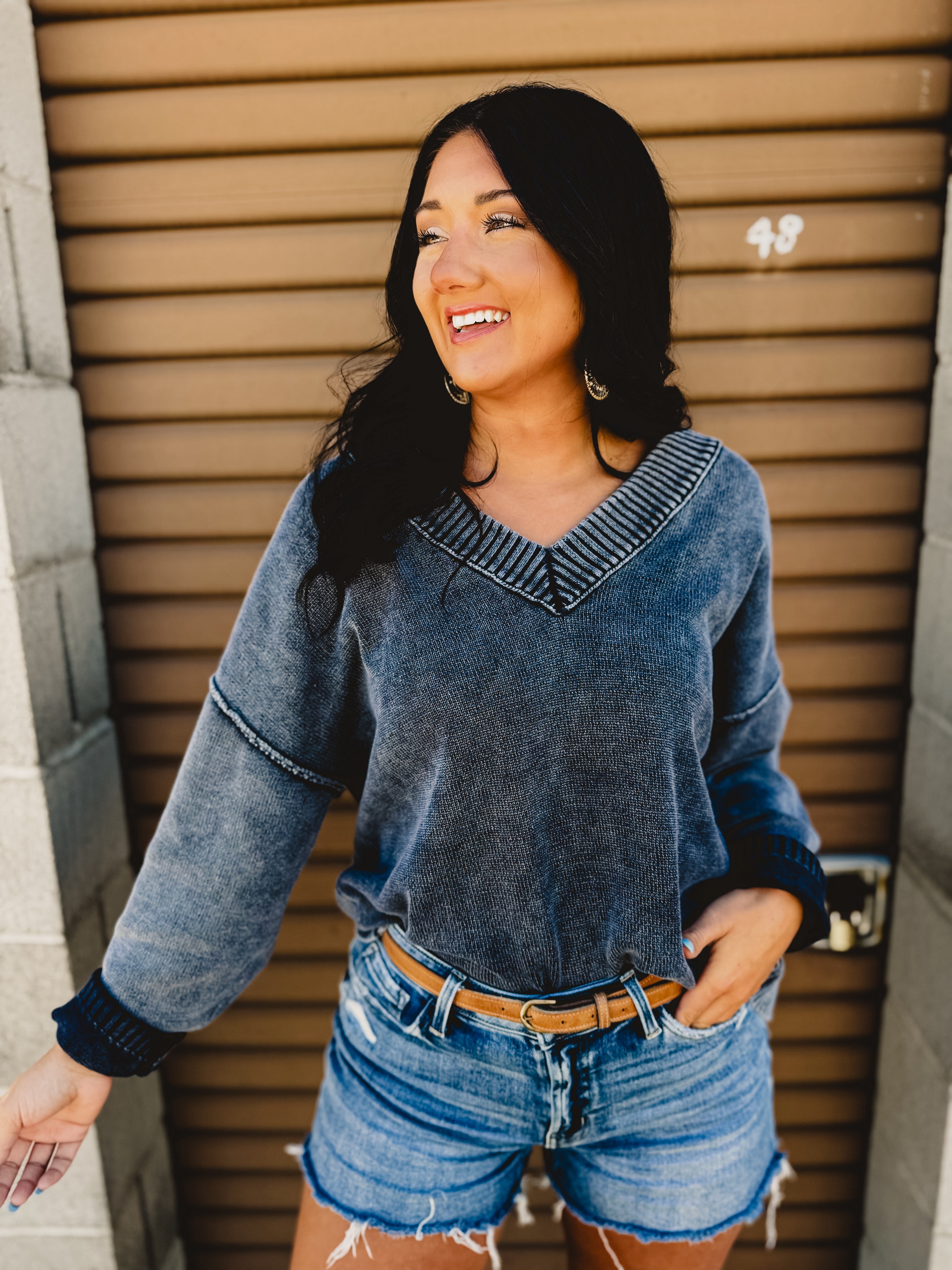 Oversized V-Neck Washed Sweater - Navy