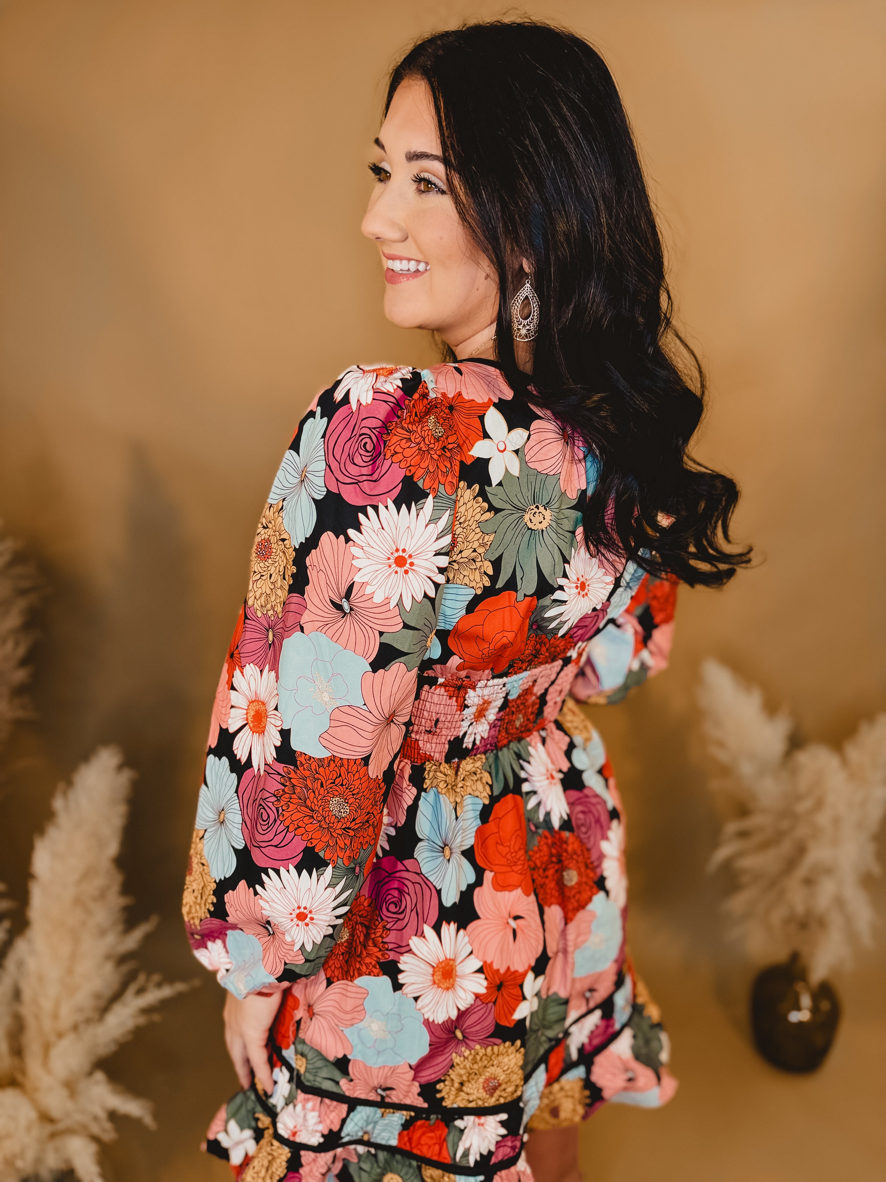 Floral Front Tie Detail Long Sleeve Dress - Black