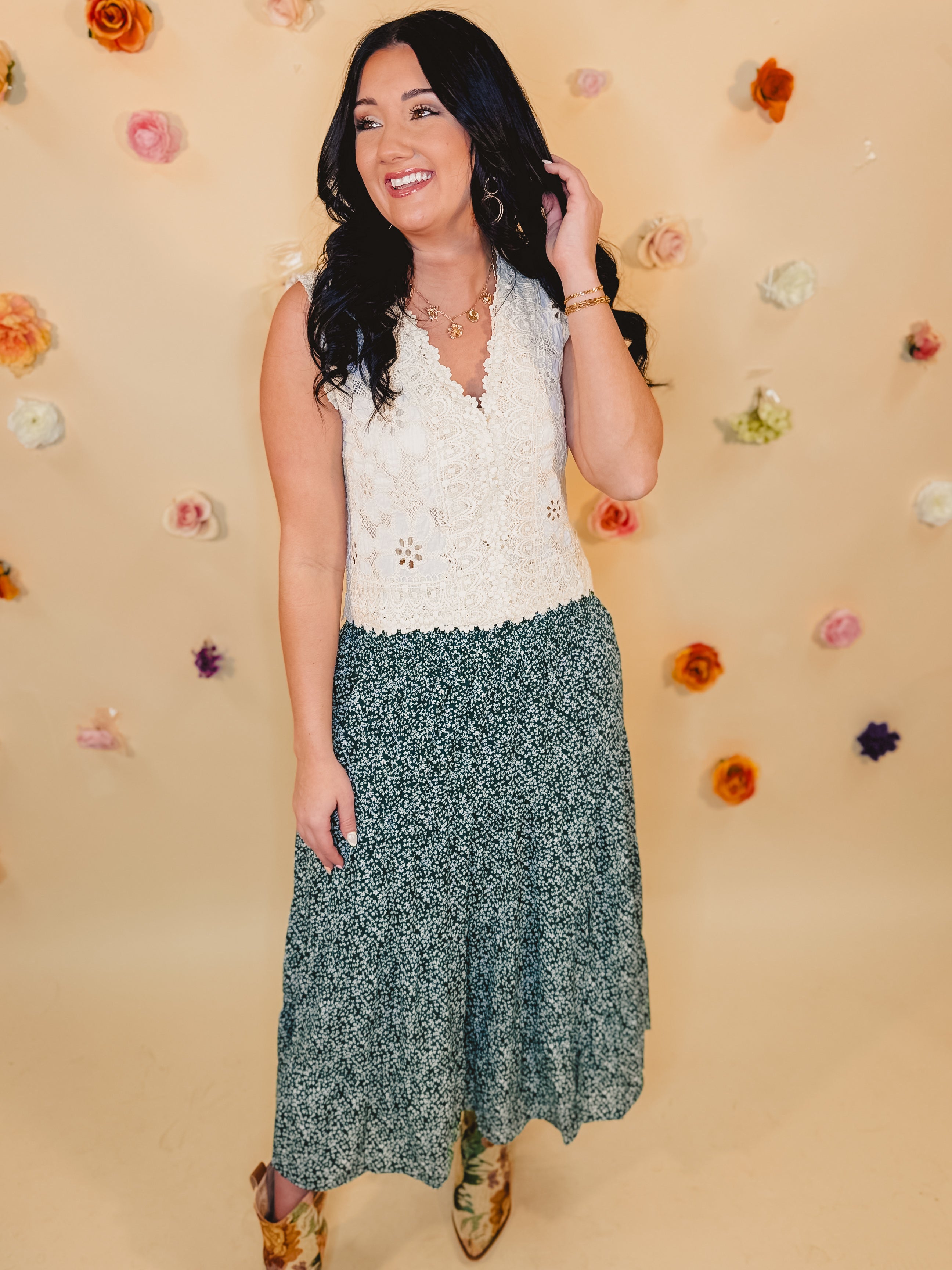 Floral Tiered Midi Skirt with Front Slit - Teal Green