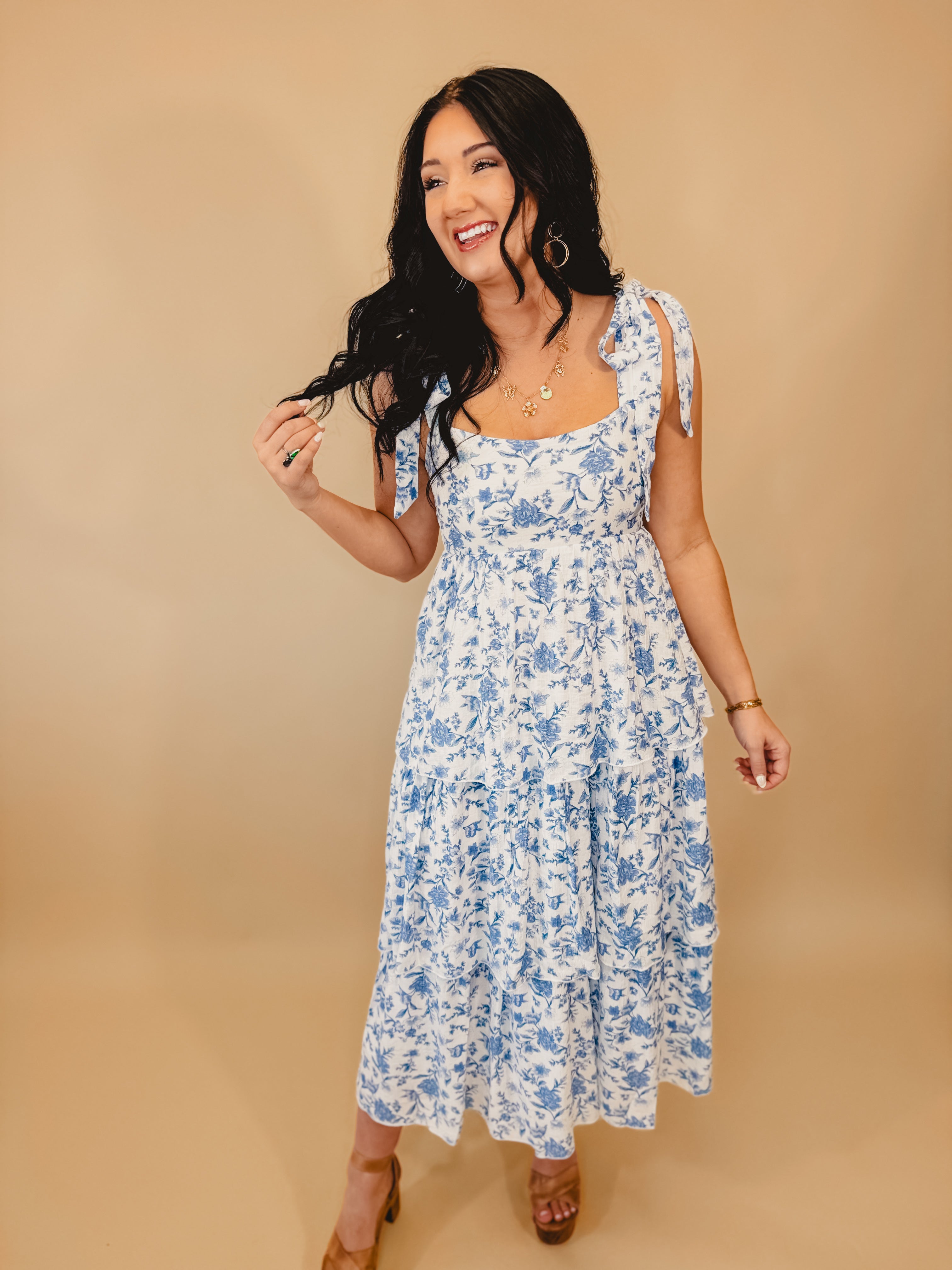 Floral Print Ruffle Tiered Midi Dress - Blue