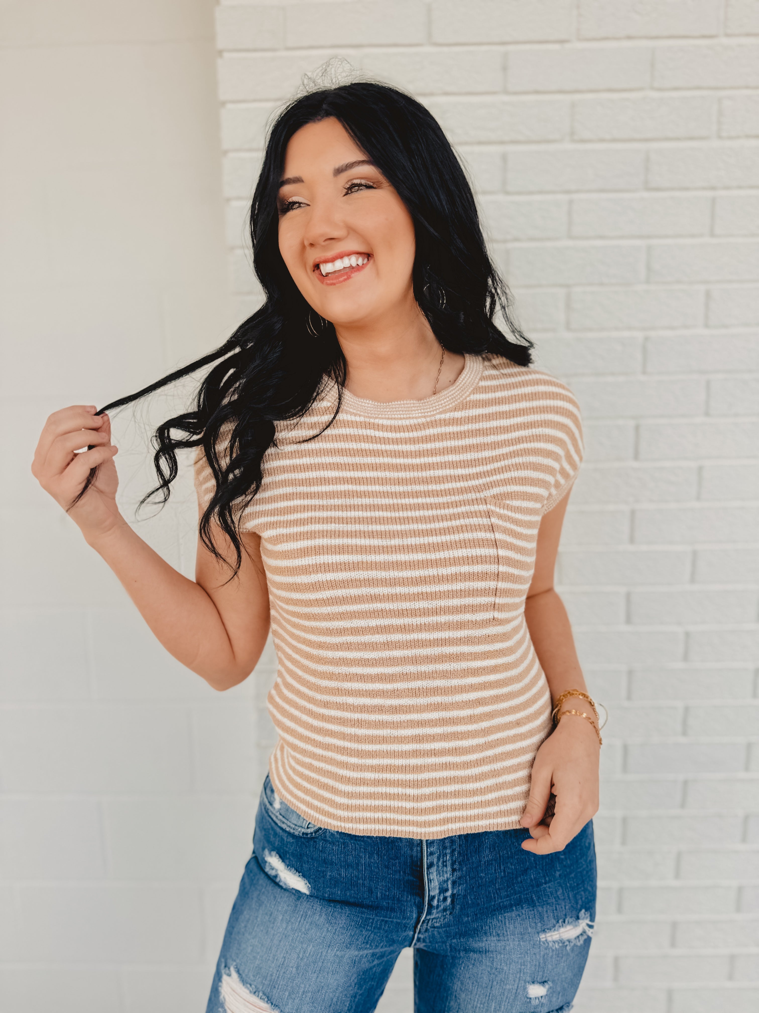 Striped Short Sleeve Pullover Sweater - Khaki