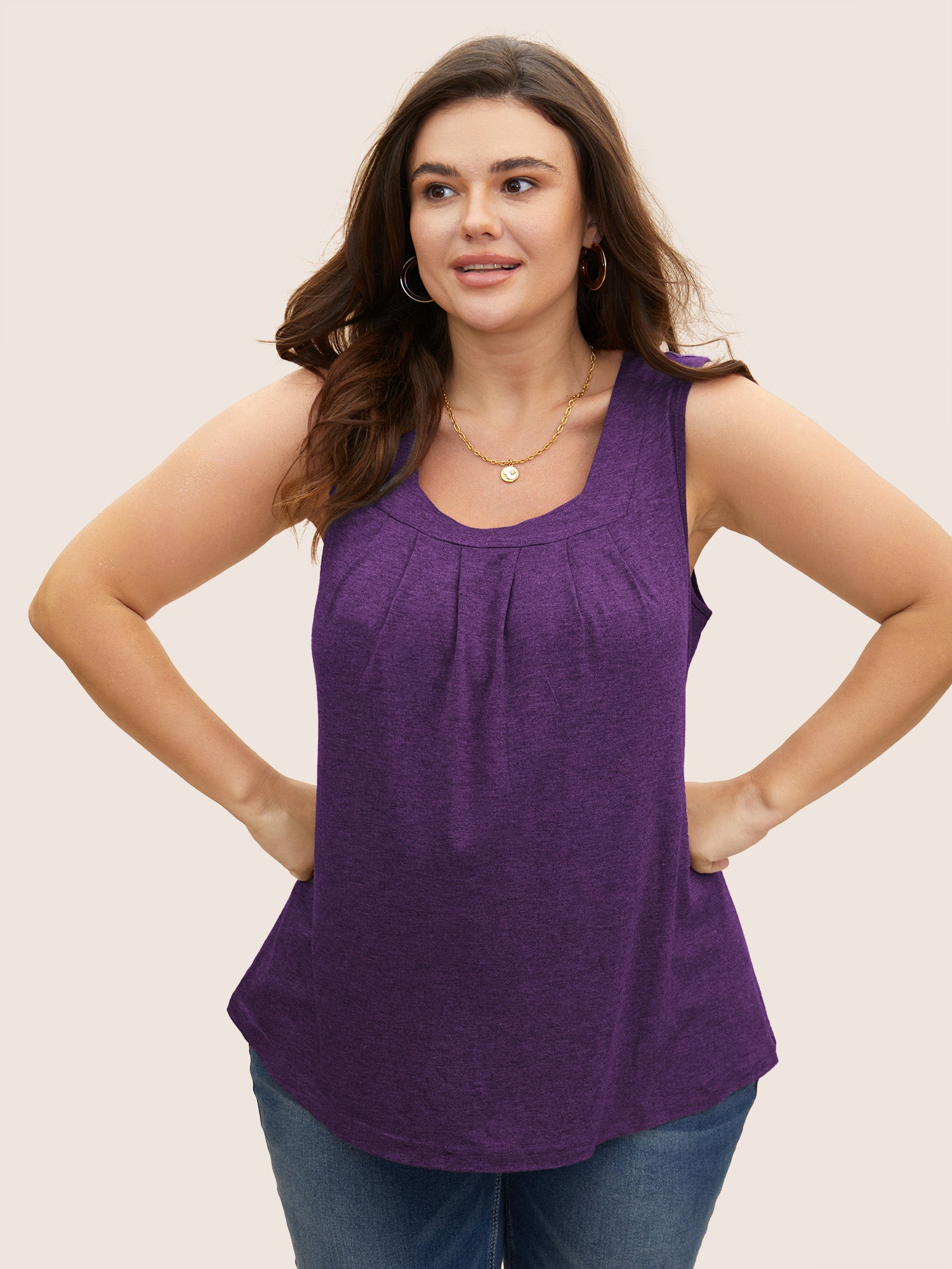 Heather Plicated Detail Square Neck Tank Top