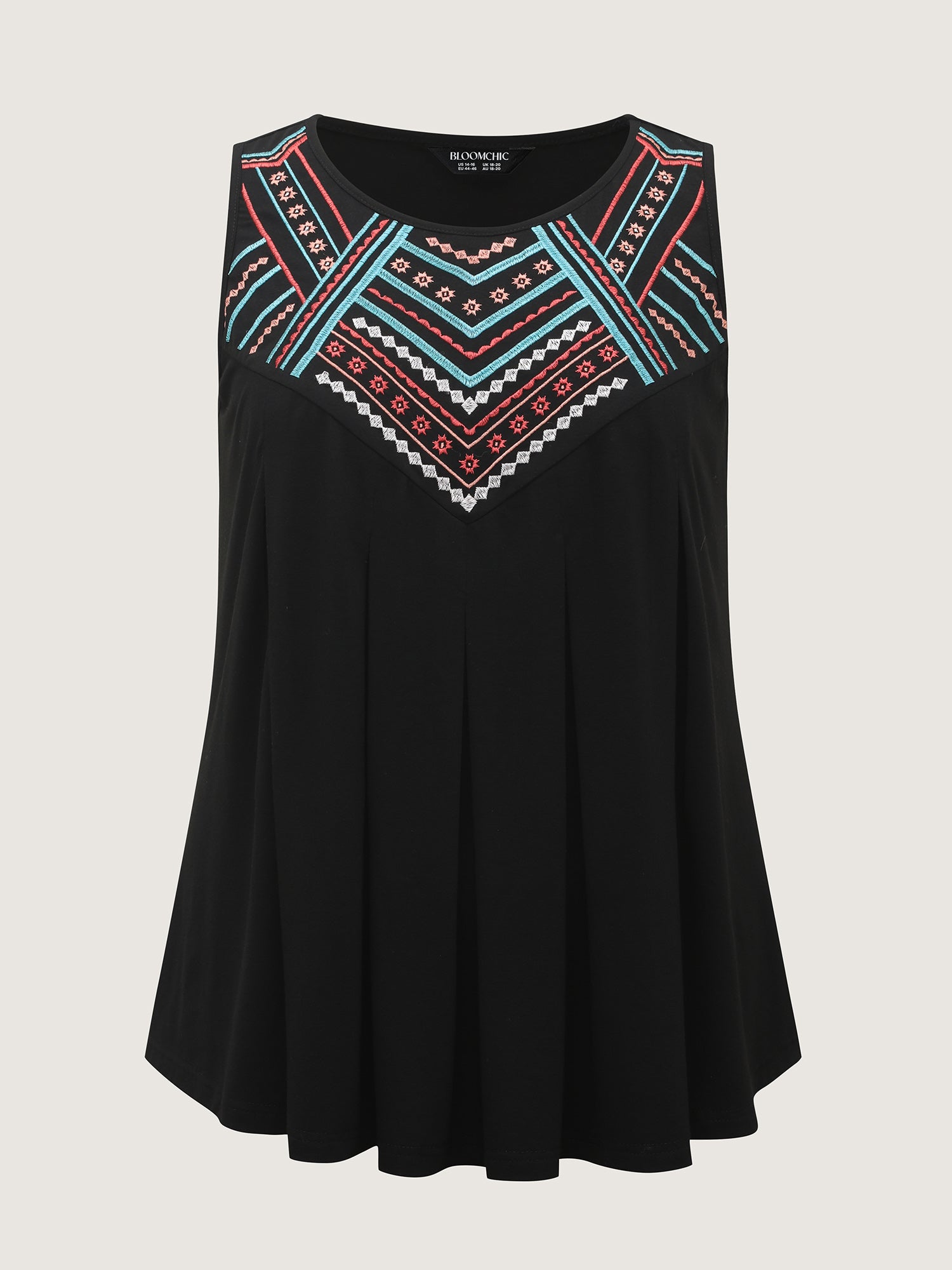 Embroidered Neckline Pleated Front Panel Tank Top