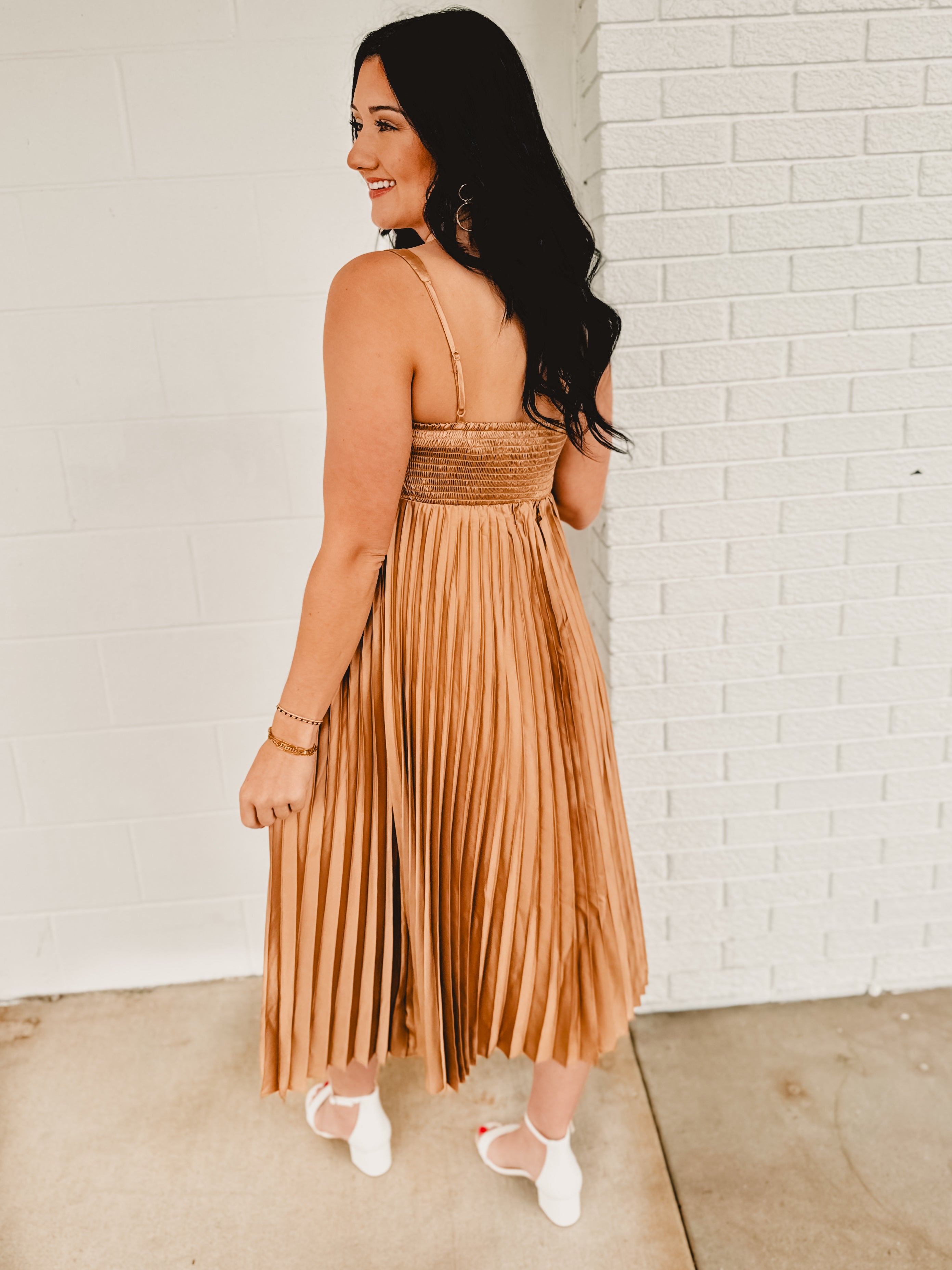 Satin Pleated Midi Dress - Golden