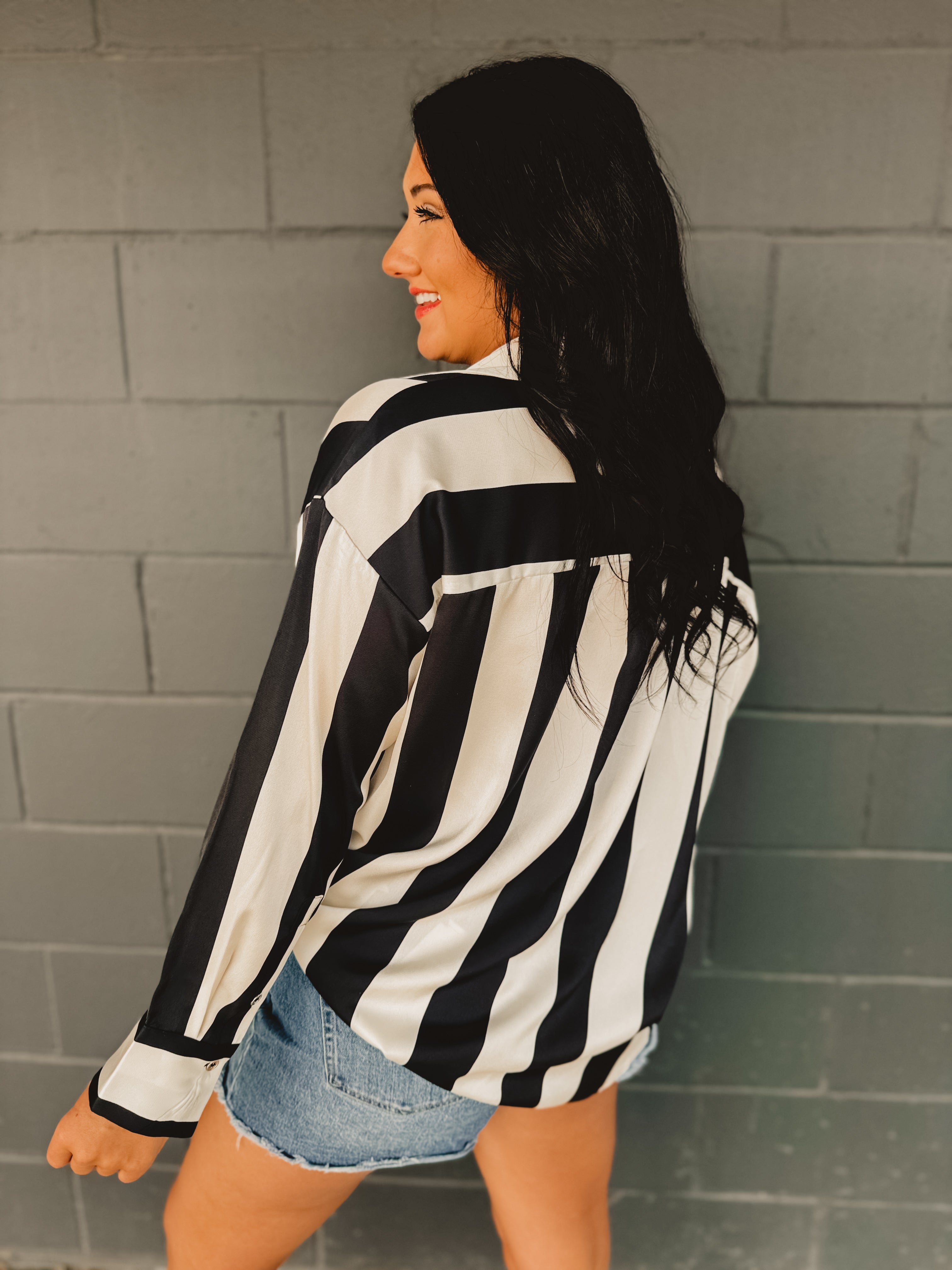 PREORDER Striped Satin Relaxed Fit Blouse - Black/Ivory