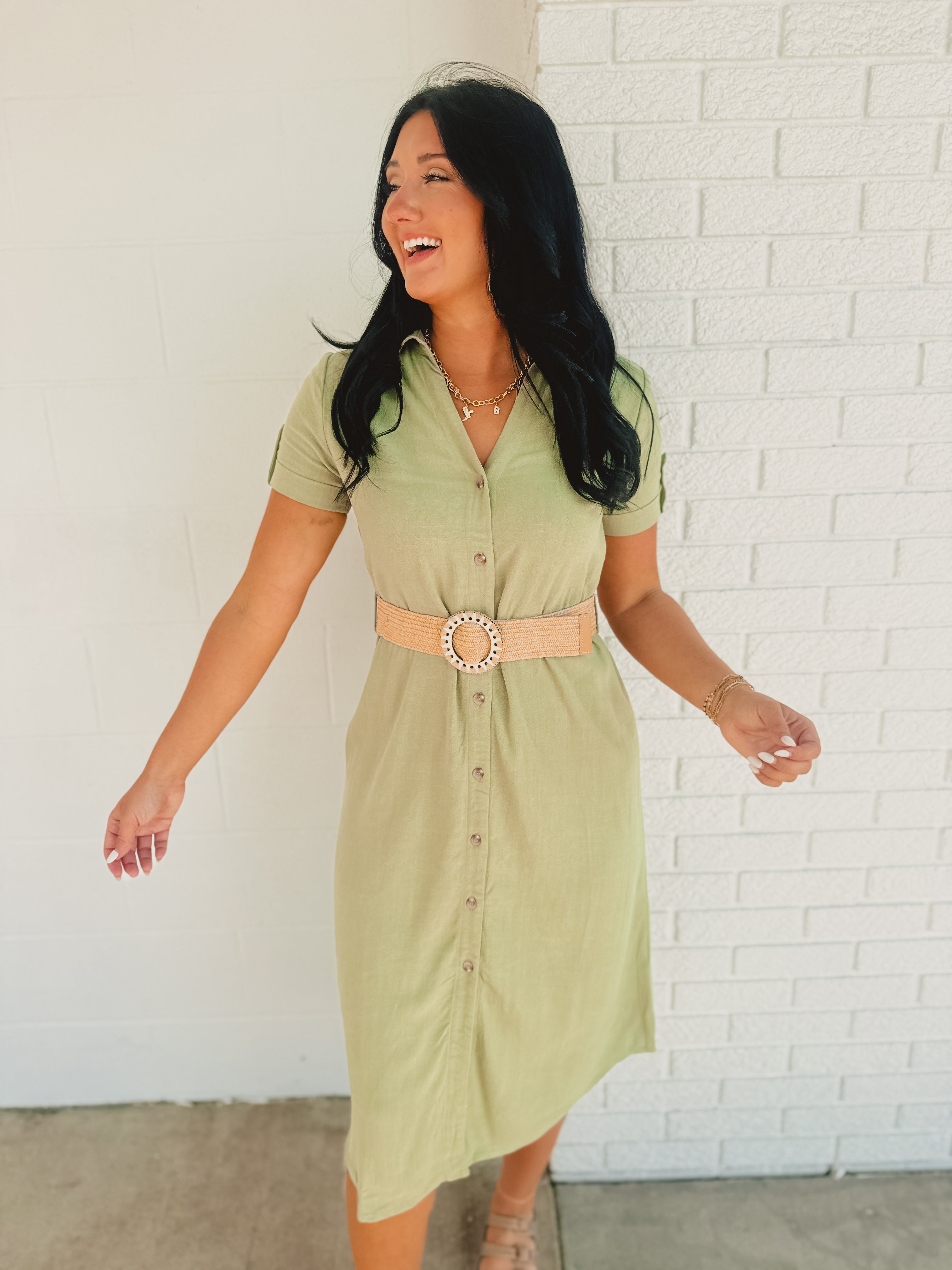 Button Down Belted Midi Dress - Olive