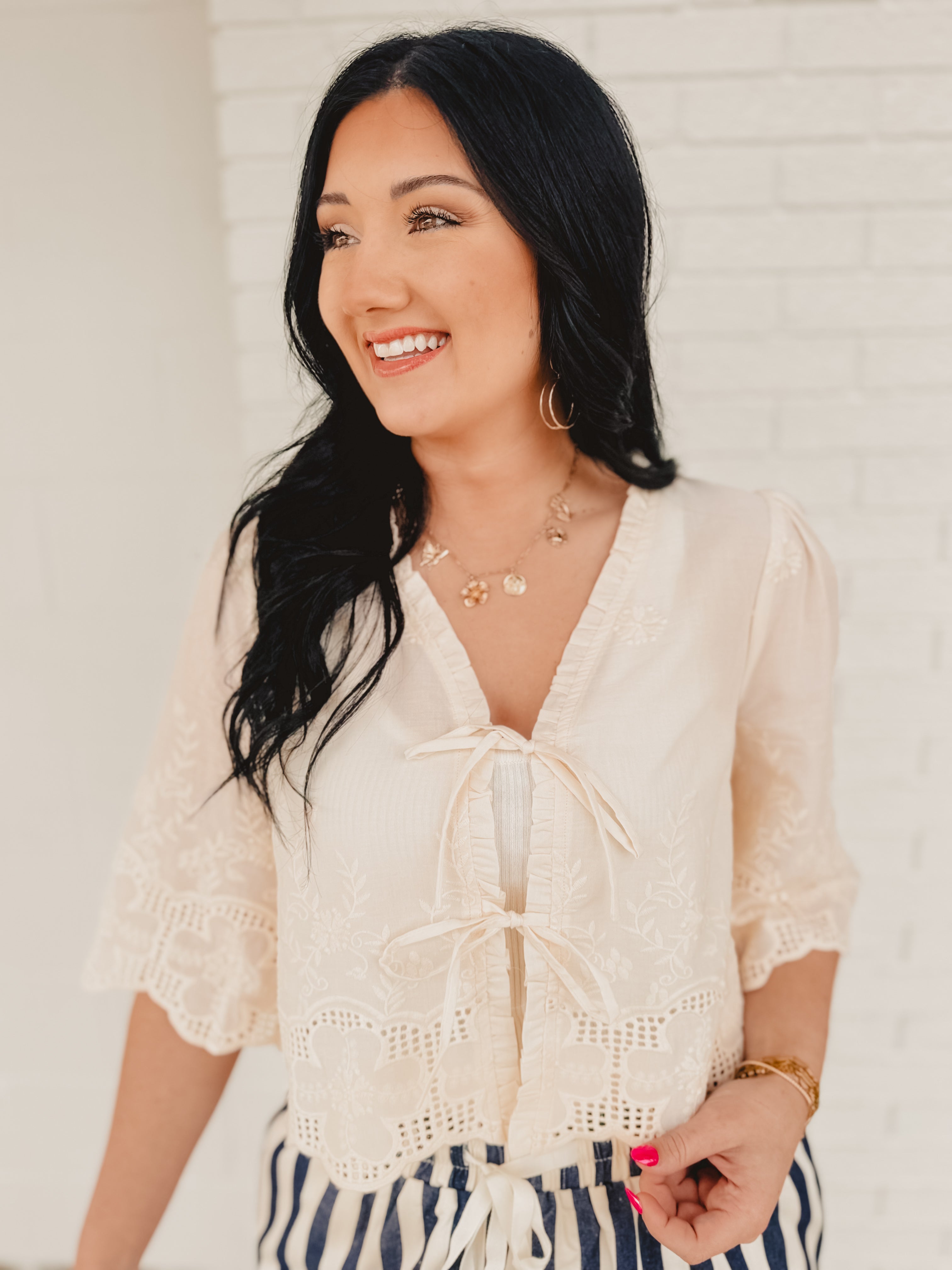 Floral Embroidery Tie Front Blouse - Ivory