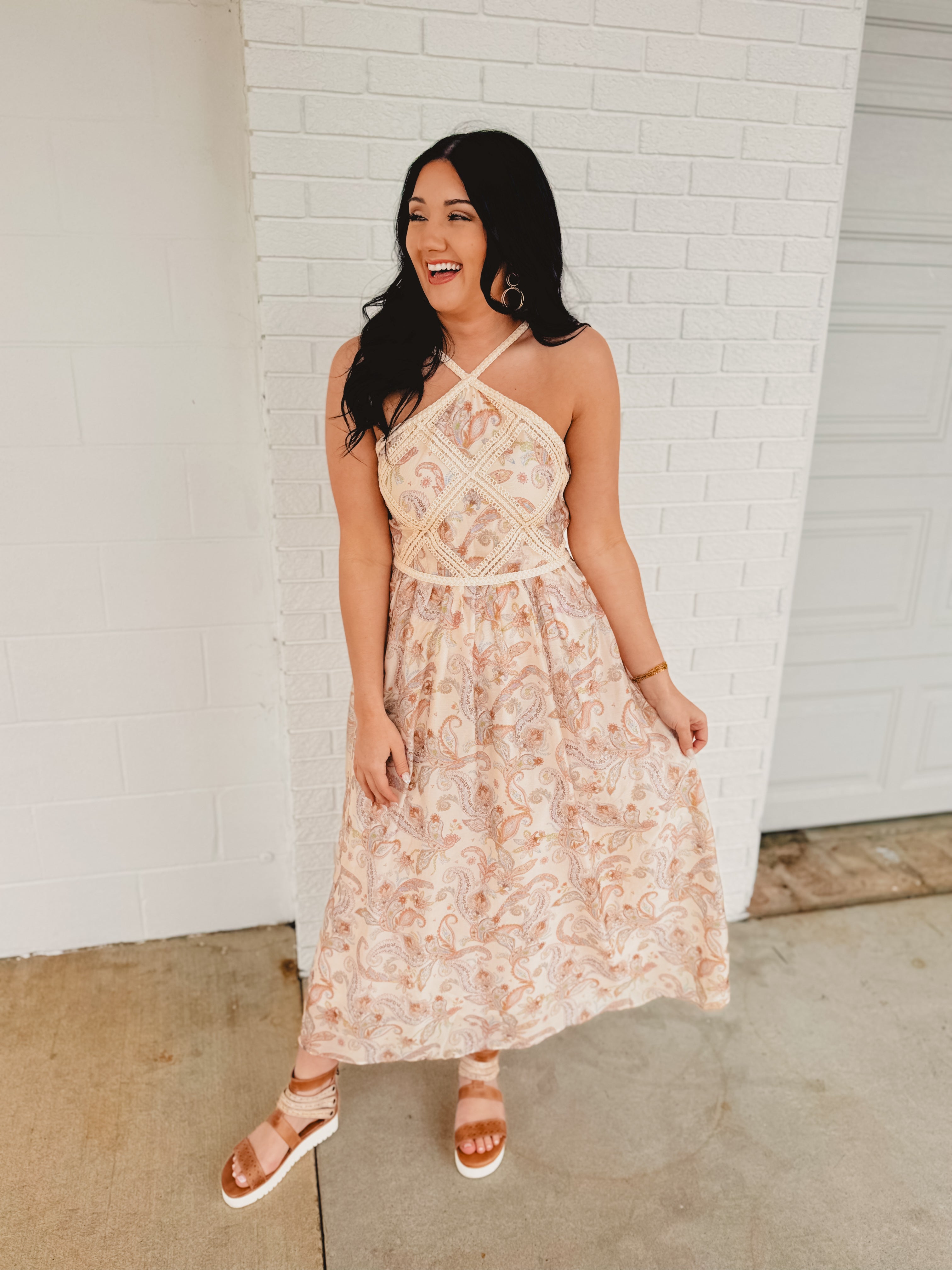 Paisley Halter Neck Embroidered Midi Dress - Cream Multi