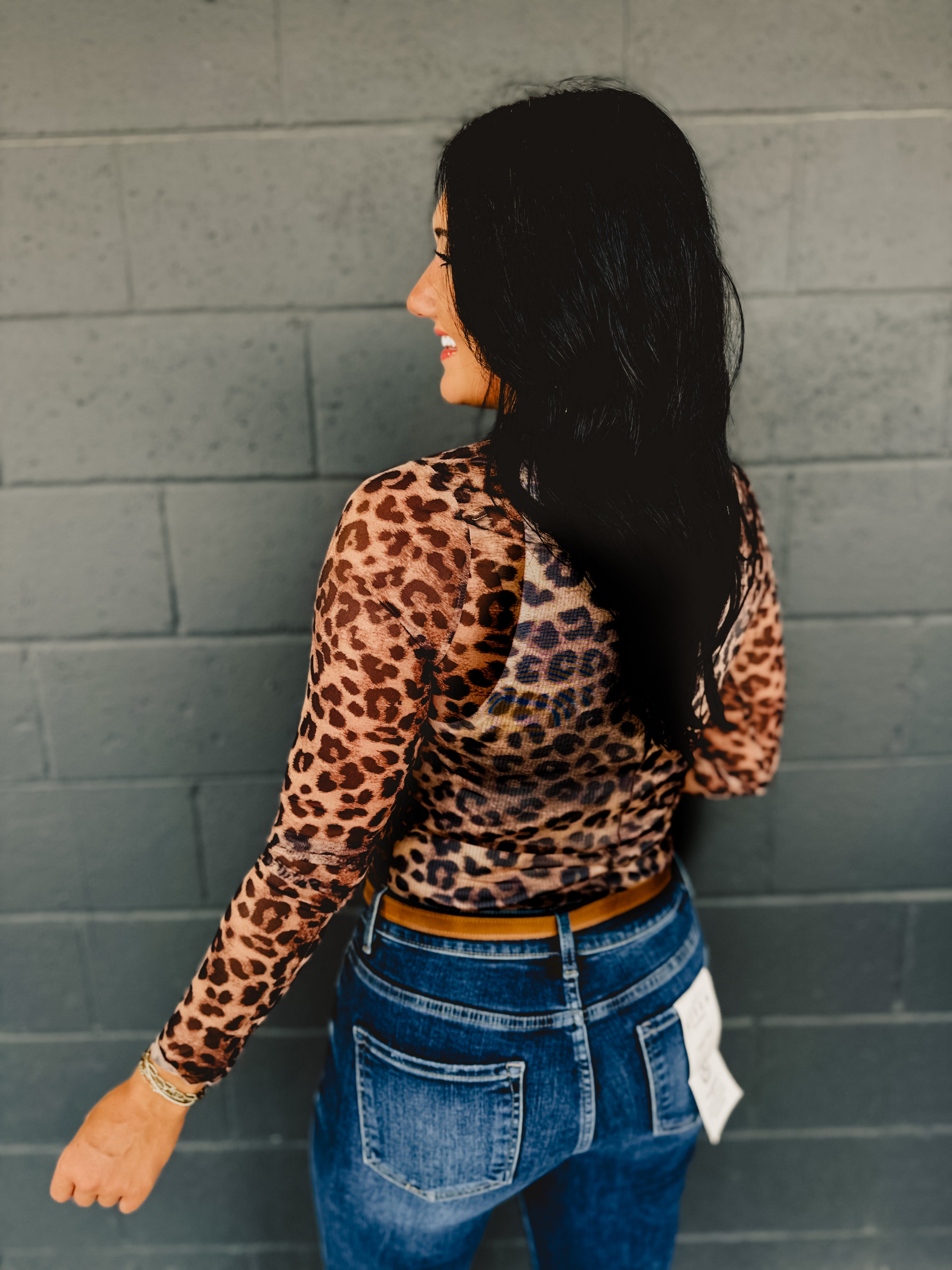Leopard Mesh Mock Neck Top