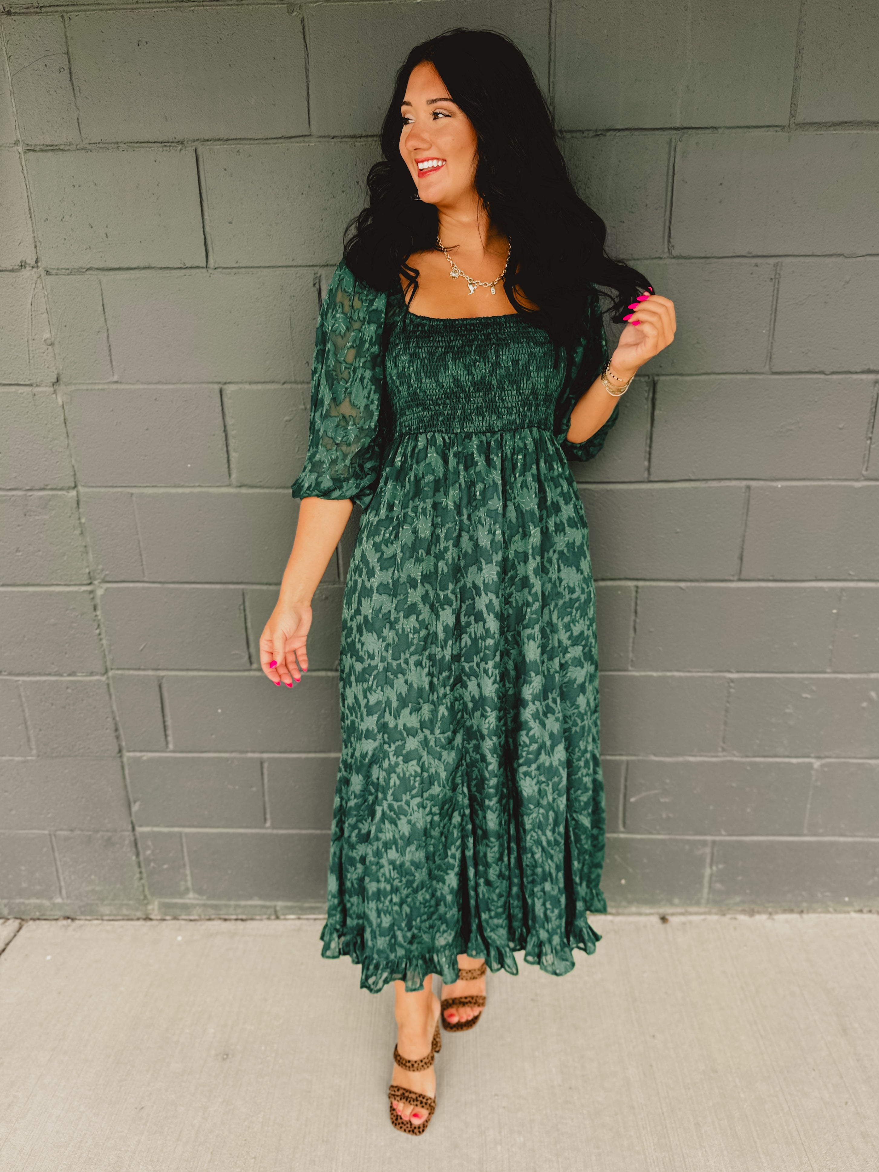 PREORDER: Jacquard Smocked Ruffled Hem Maxi Dress - Hunter Green