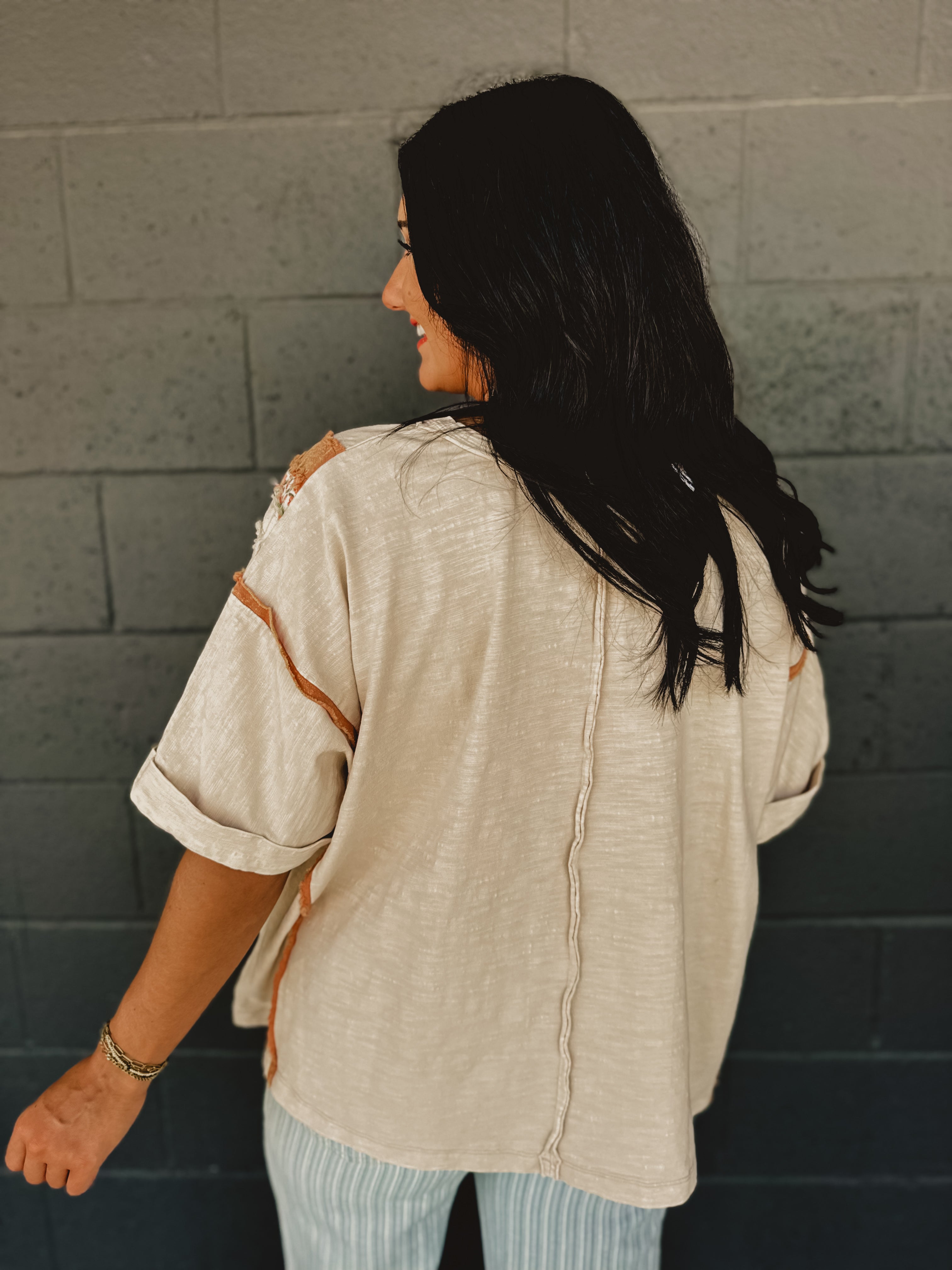 Flower Patch Detailed Slub Top - Natural Multi