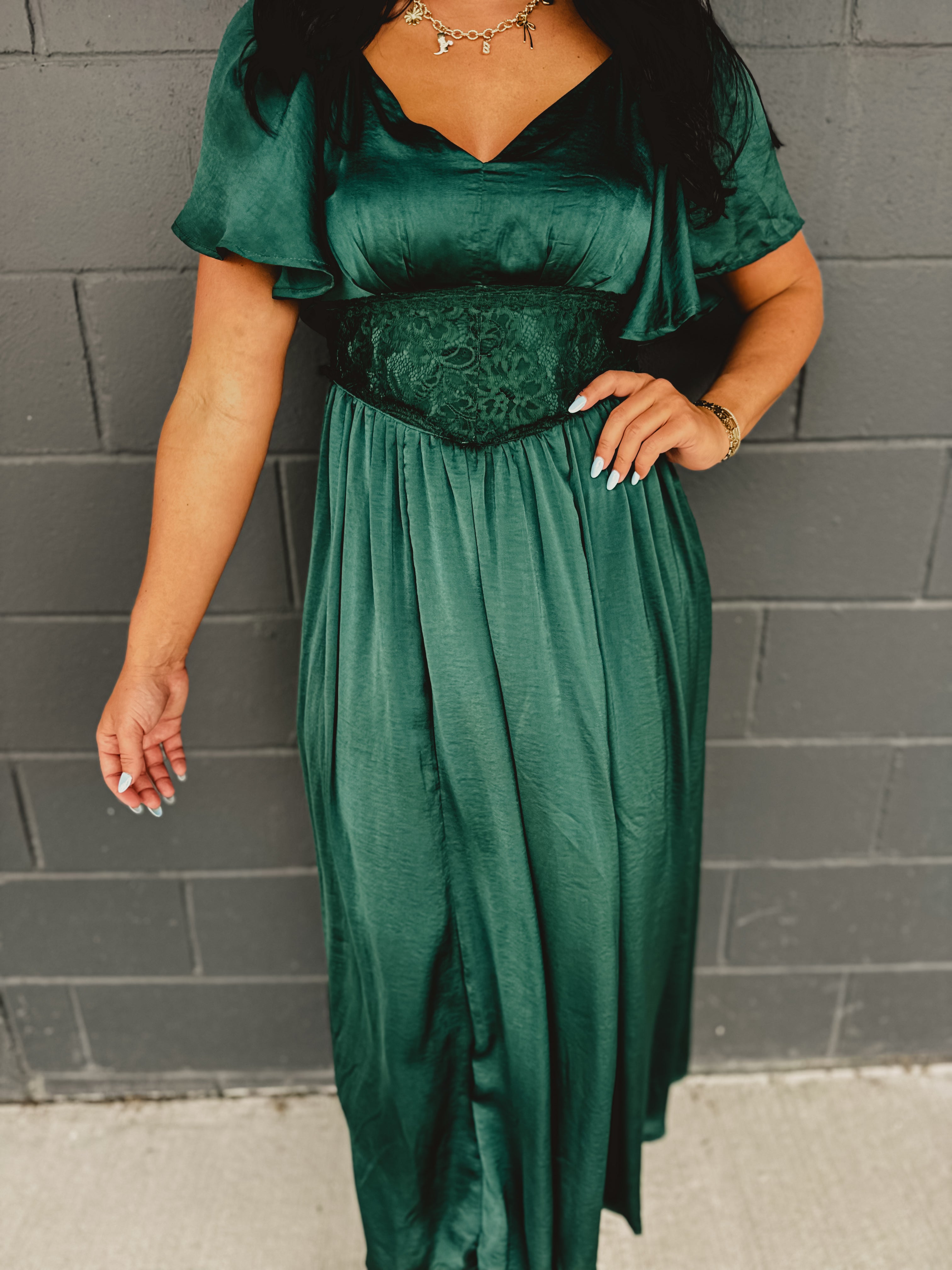 Washed Satin Lace Maxi Dress - Emerald