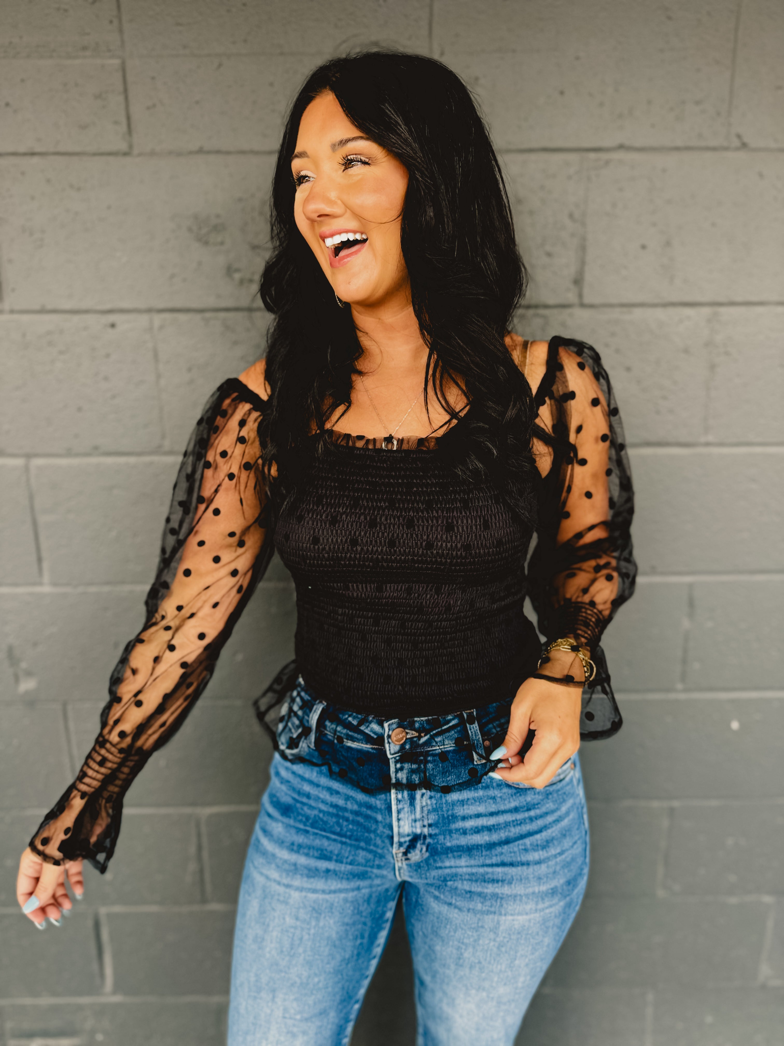 Dotted Mesh Sleeve Top - Black