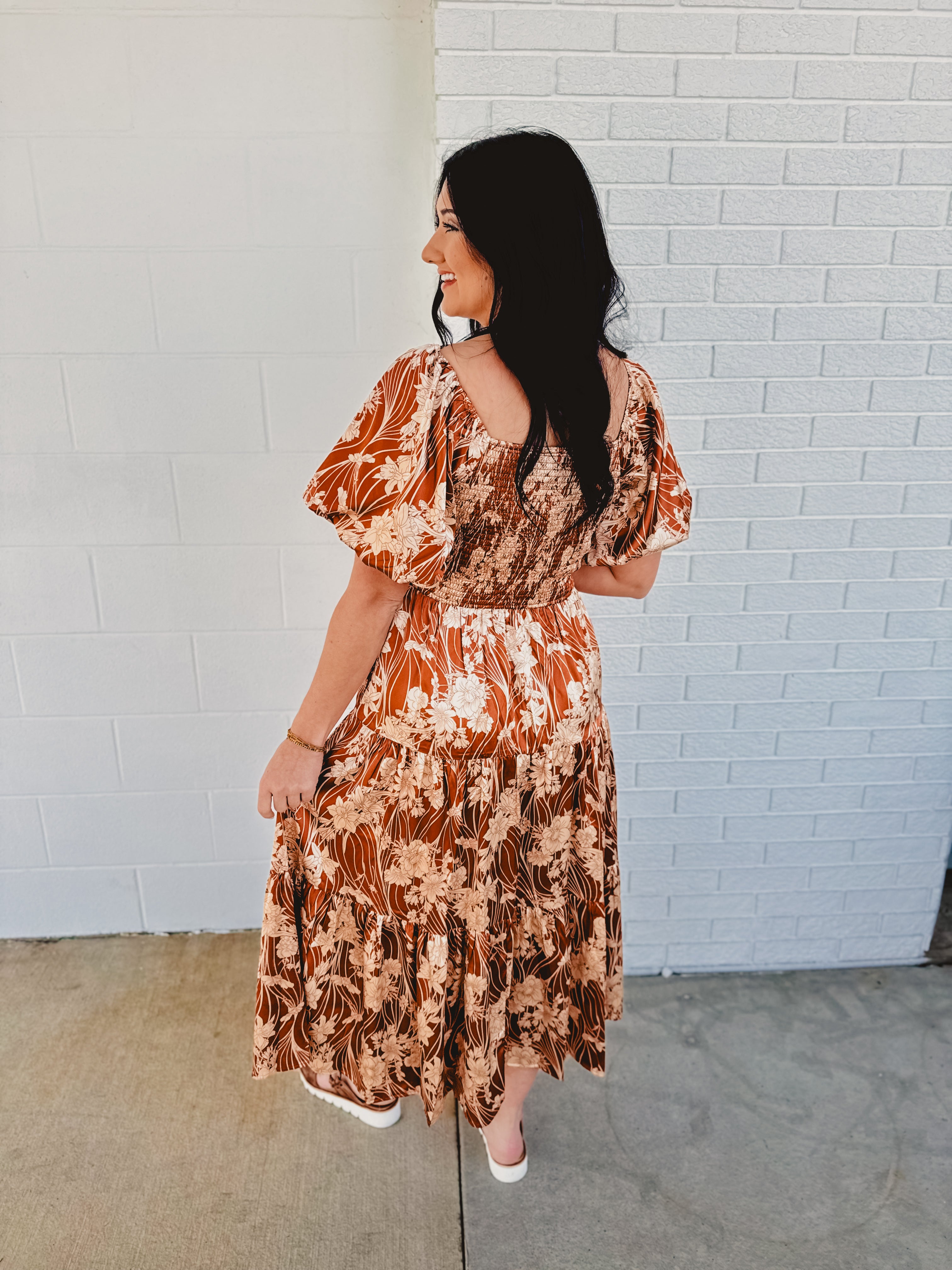 Puff Sleeve Floral Silky Maxi Dress - Butterscotch