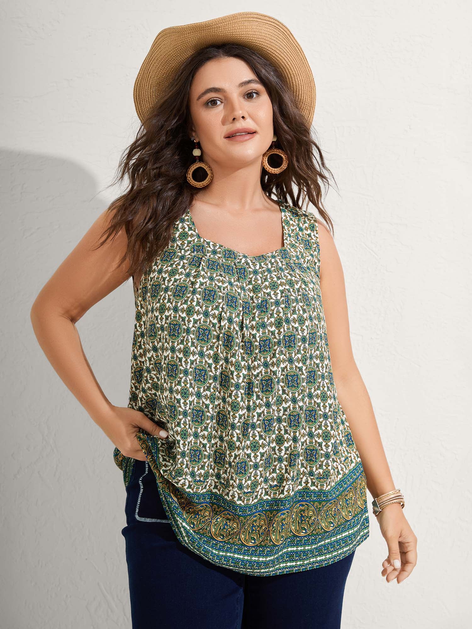 Floral Print Pleated Neckline Tank Top