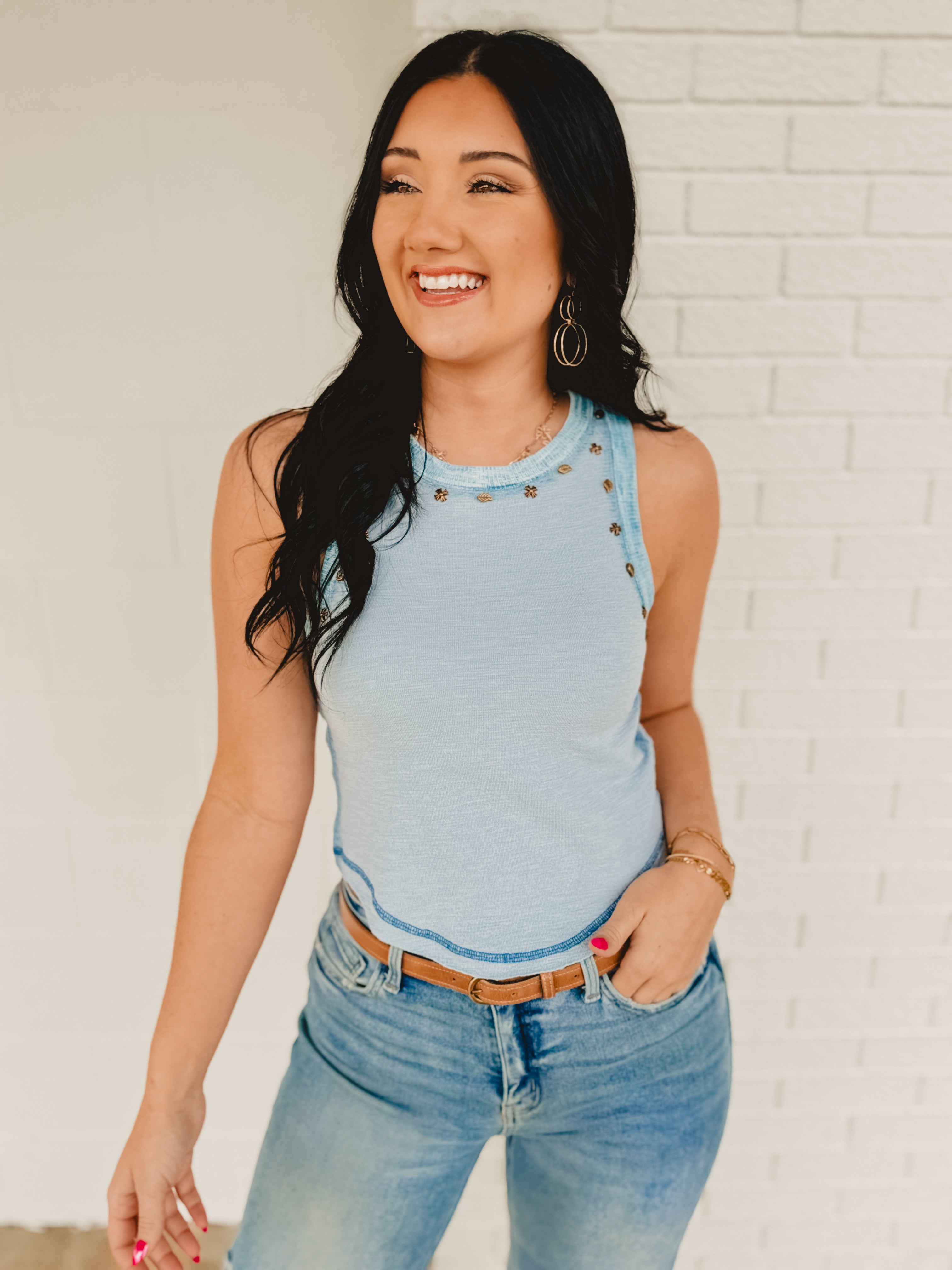 POL Textured Knit Tank Top - Powder Blue